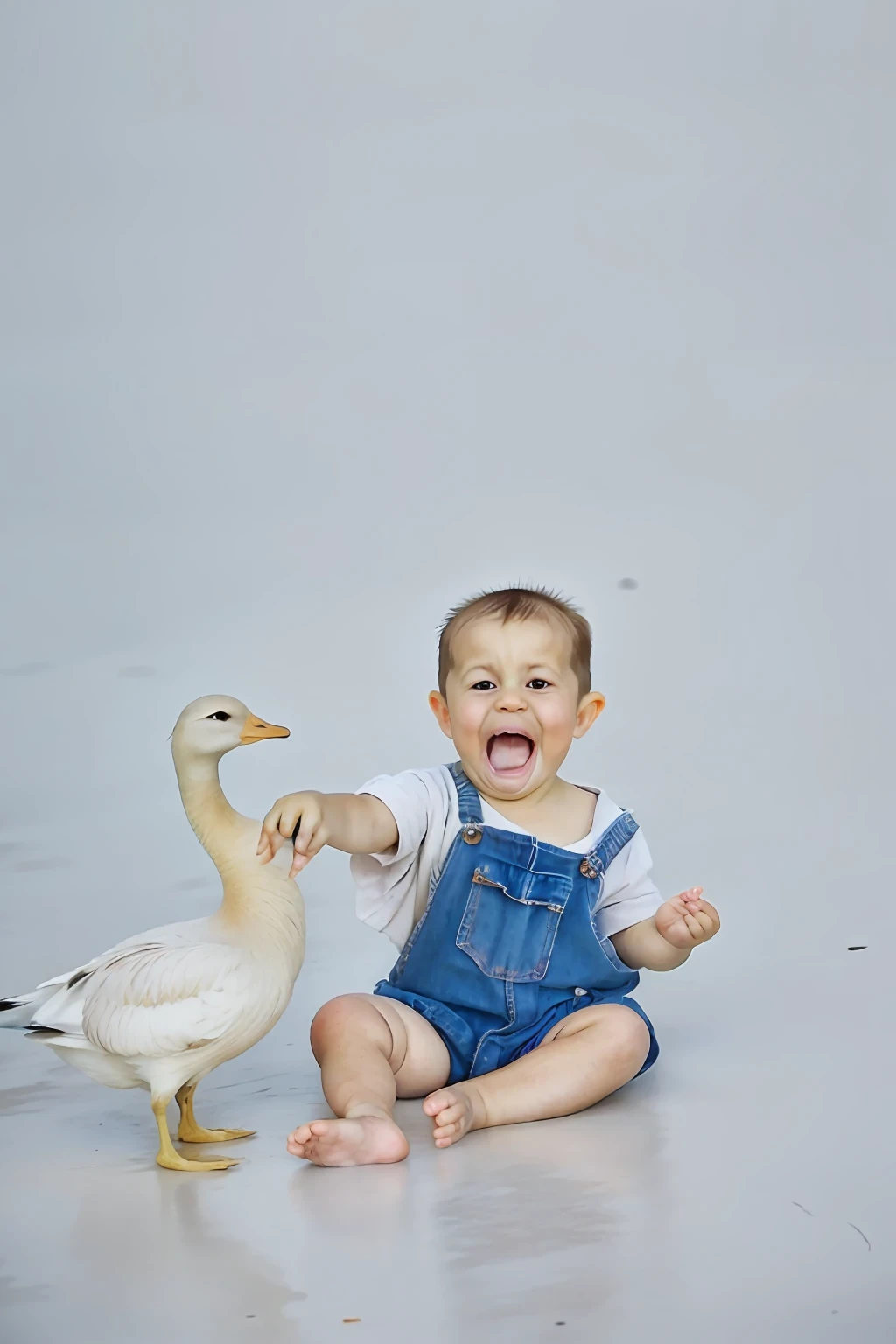 arafed baby sitting on the floor with a duck and a bird, holding a white duck, screaming and crying, cute goose, some are crying of joy, cute and funny, broken toys are scattered around, taken with sony alpha 9, taken with canon eos 5 d mark iv, photo taken with sony a7r, taken with sony a7r camera --auto