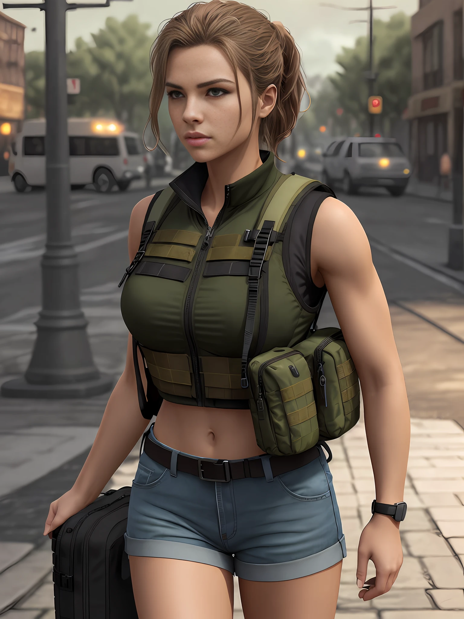 fit girl on the street in a fully packed tactical vest and backpack, epic realistic, photo, faded, complex stuff around, neutral colors, ((((hdr)))), ((((muted colors)))), intricate scene, artstation, intricate details, vignette, heavy military vest:1.2, military shorts, safe for work:1.2, sfw:1.2, perfect anatomy, tactical vest:1.3, large tactical vest:1.3