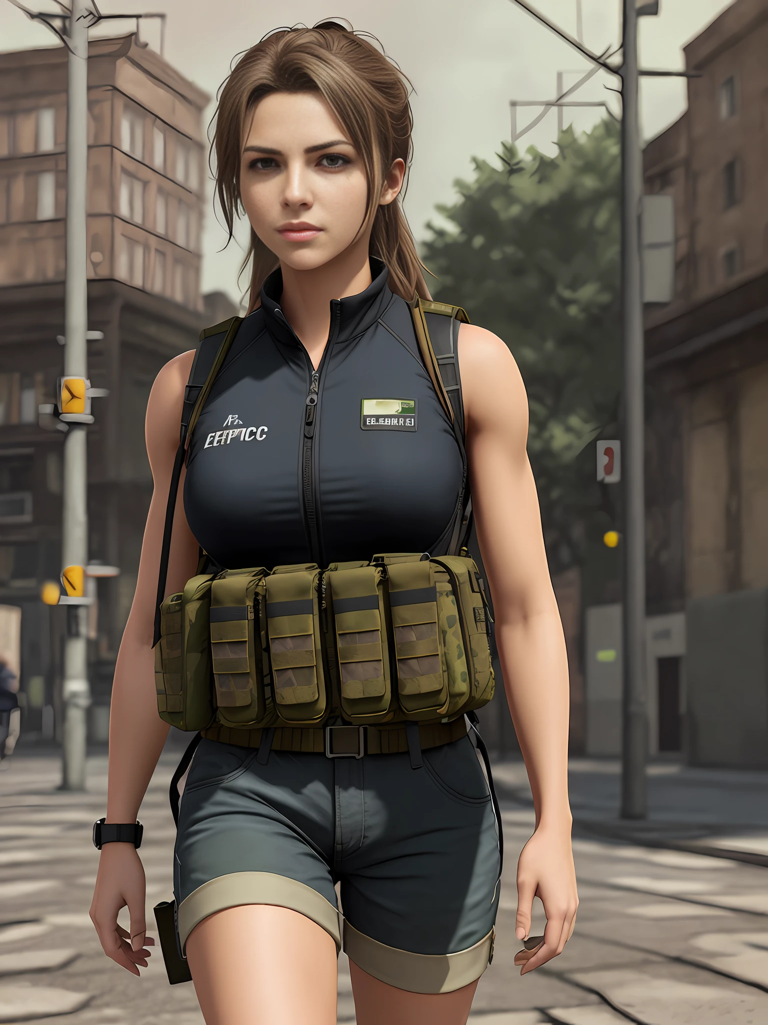 fit girl on the street in a fully packed tactical vest and backpack, epic realistic, photo, faded, complex stuff around, neutral colors, ((((hdr)))), ((((muted colors)))), intricate scene, artstation, intricate details, vignette, heavy military vest:1.2, military shorts, safe for work:1.2, sfw:1.2, perfect anatomy, tactical vest:1.3, large tactical vest:1.3