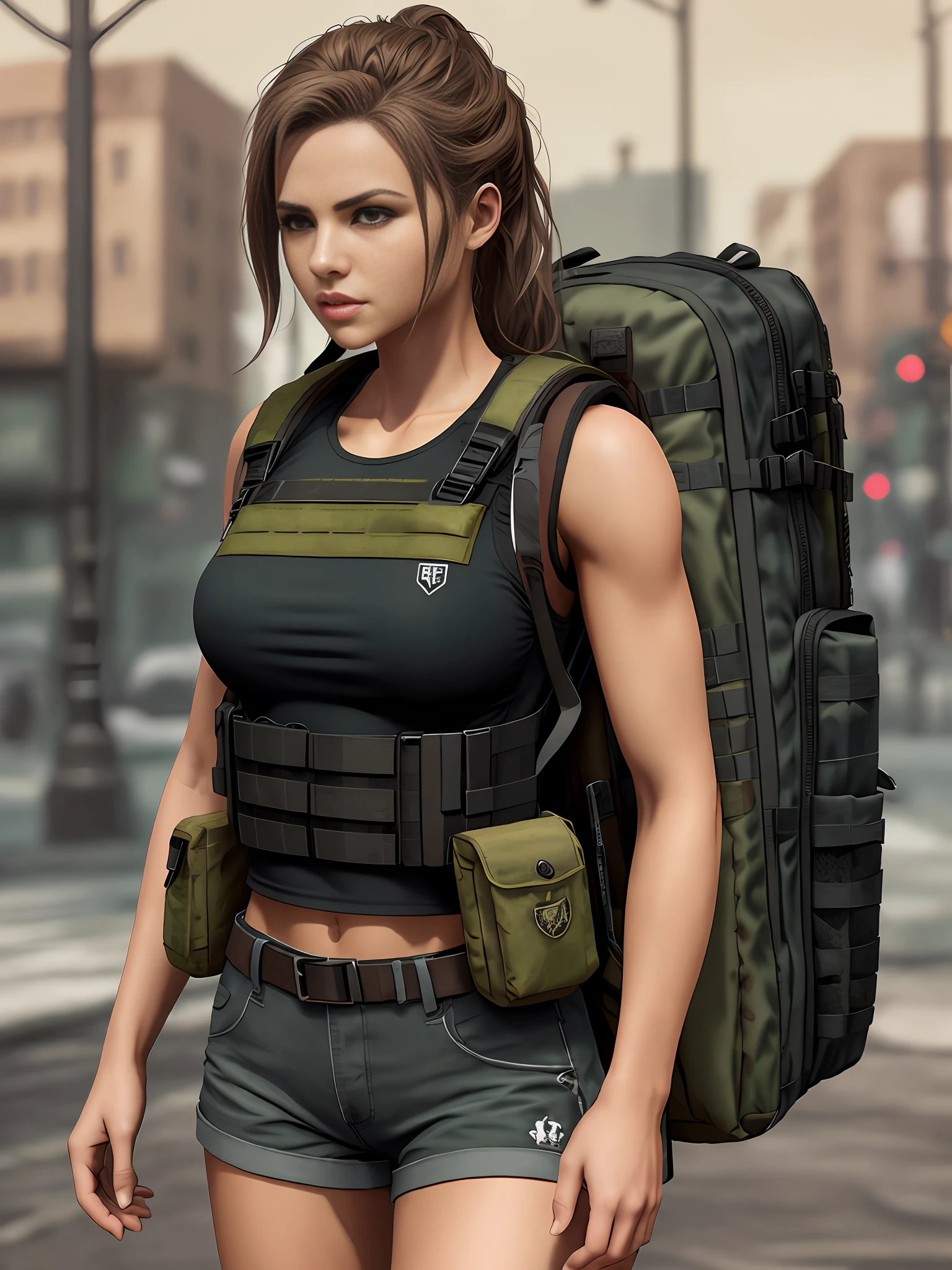 fit girl on the street in a fully packed tactical vest and backpack, epic realistic, photo, faded, complex stuff around, neutral colors, ((((hdr)))), ((((muted colors)))), intricate scene, artstation, intricate details, vignette, heavy military vest:1.2, military shorts, safe for work:1.2, sfw:1.2, perfect ???????, tactical vest:1.3, large tactical vest:1.3
