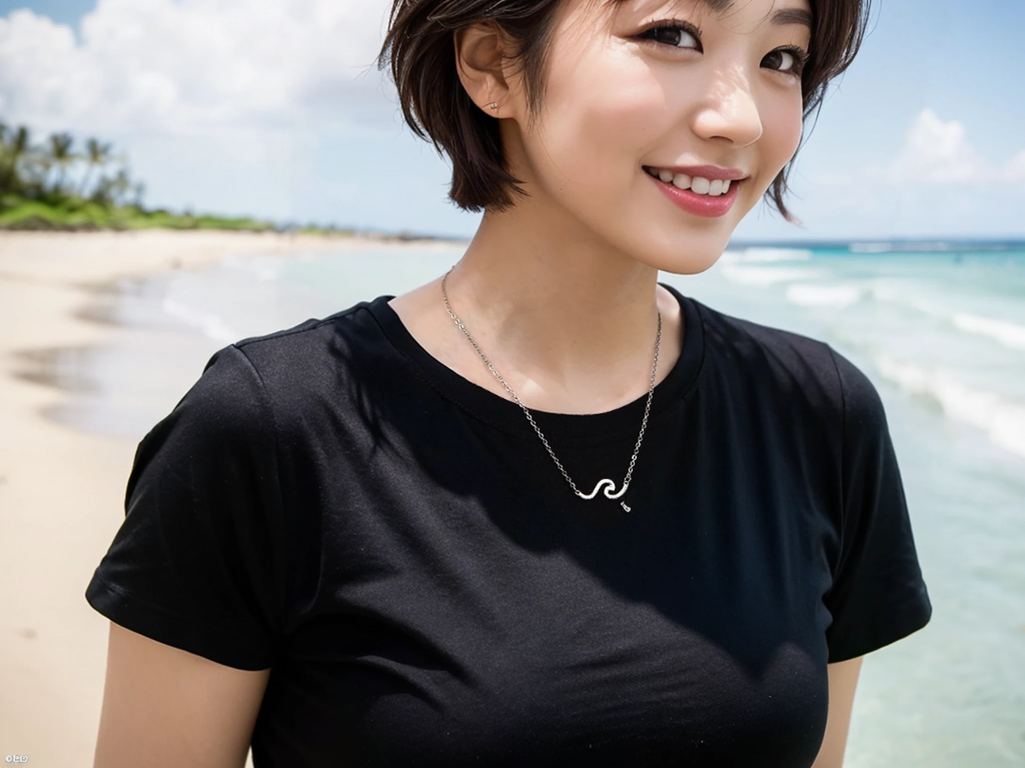 (Best Quality, 8k, 32k, Masterpiece, UHD: 1.2), Japan woman photo, 25 years old, short hair, upper body, face focus, hawaii beach background, from above, watch the viewer,black t-shirt,smile,