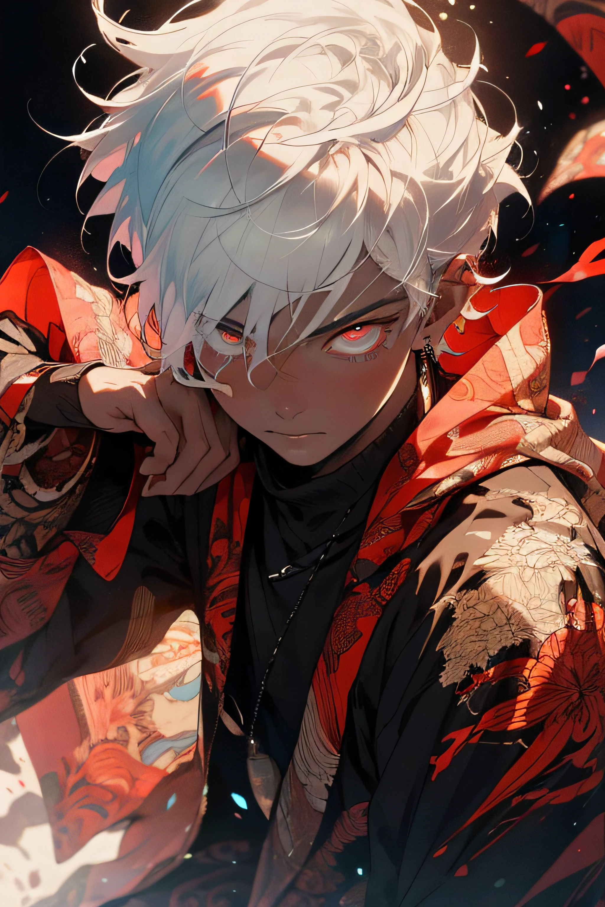 Realistic masterpiece, best quality, beautiful aesthetic, very detailed, fractal art, colorful, most detailed, zentangle, abstract background (1.5), 1 boy (1.3), god, white hair, short hair, glowing red eyes, mysterious, magical, ice, handsome man, asian style.