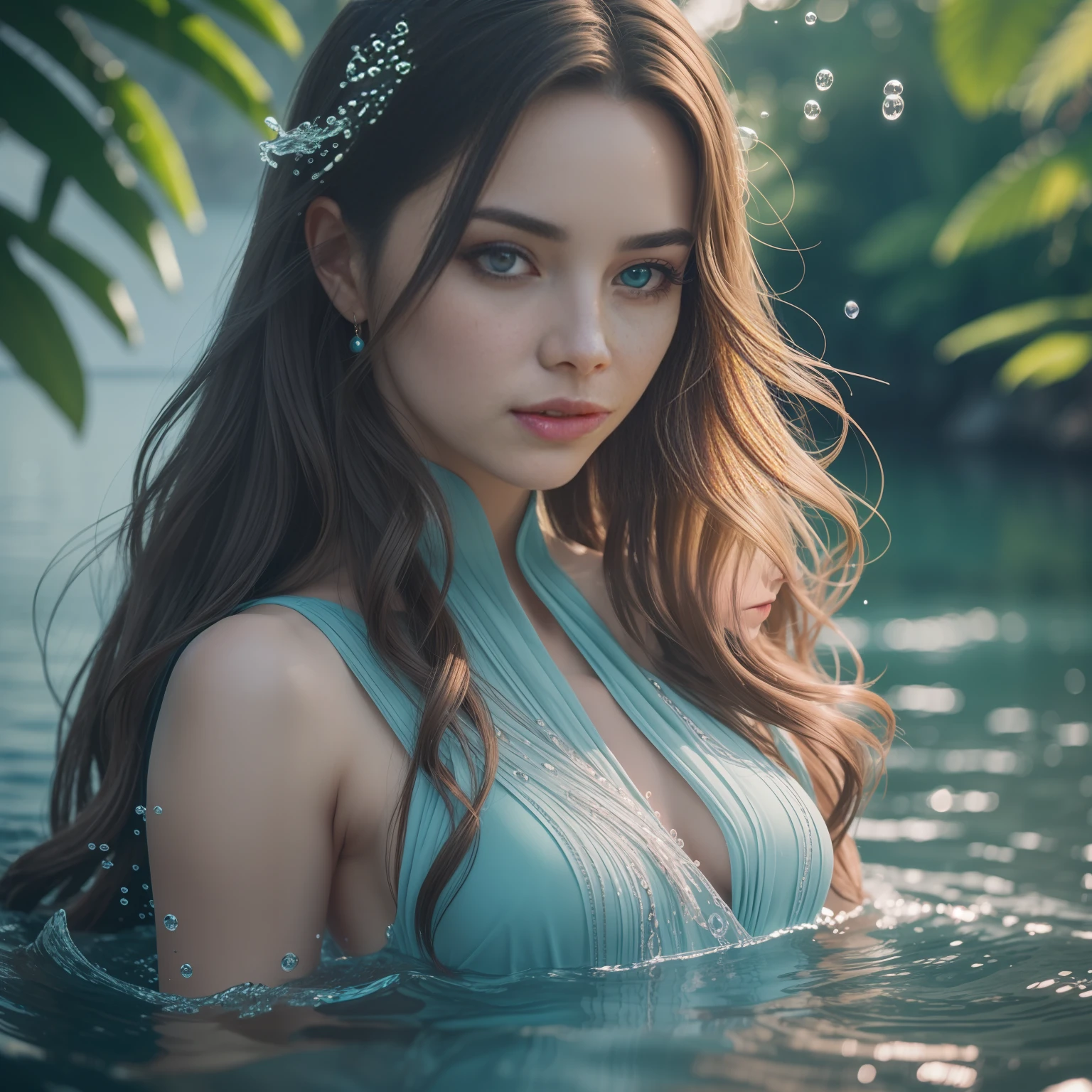 A grace and tranquility Russian woman with a serene and gentle presence, Her hair could flow in loose waves or cascades, Her eyes might have a serene and deep gaze,She could wear a flowing gown in shades of blue or aqua,The overall demeanor would exude a sense of fluidity and purity, capturing the essence of water's nurturing and refreshing qualities,Under water background, nikon d850 film stock photograph 4 kodak portra 400 camera f1.6 lens rich colors hyper realistic lifelike texture dramatic lighting unreal engine trending on artstation cinestill 800,8k,cinematic,cinematic shot, Medium shot
