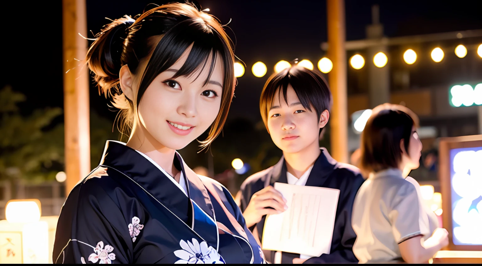 summer festival, night, crowd, beautiful yukata, patterned yukata, sexy pose, erotic, 20-year-old woman, Japan persons, big, big,light smile,ponytail、black hair