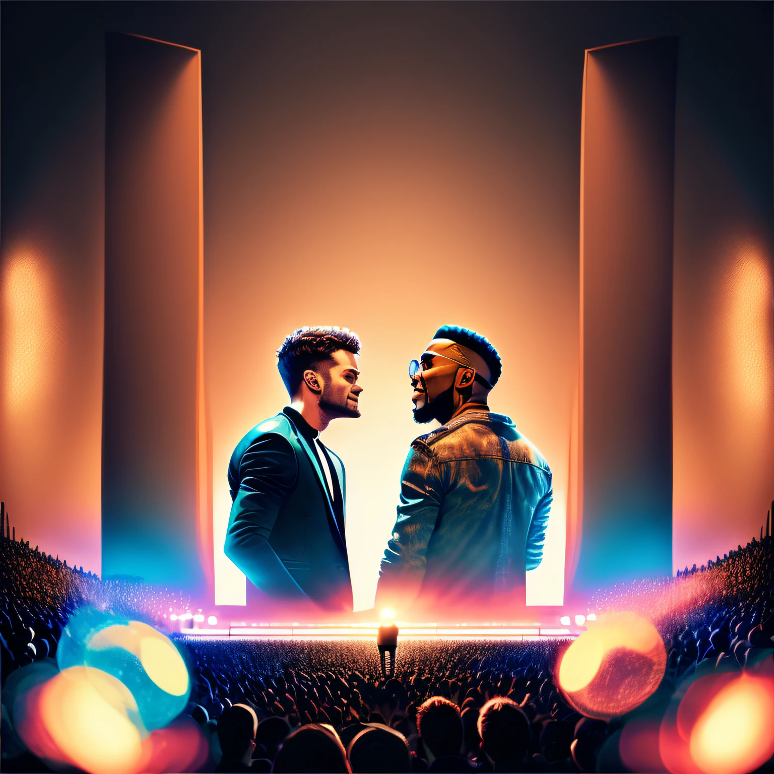 "Wonder: Justin Timberlake and Anderson. Paak sing together in front of an audience at a concert with an ultra-realistic album cover." --auto