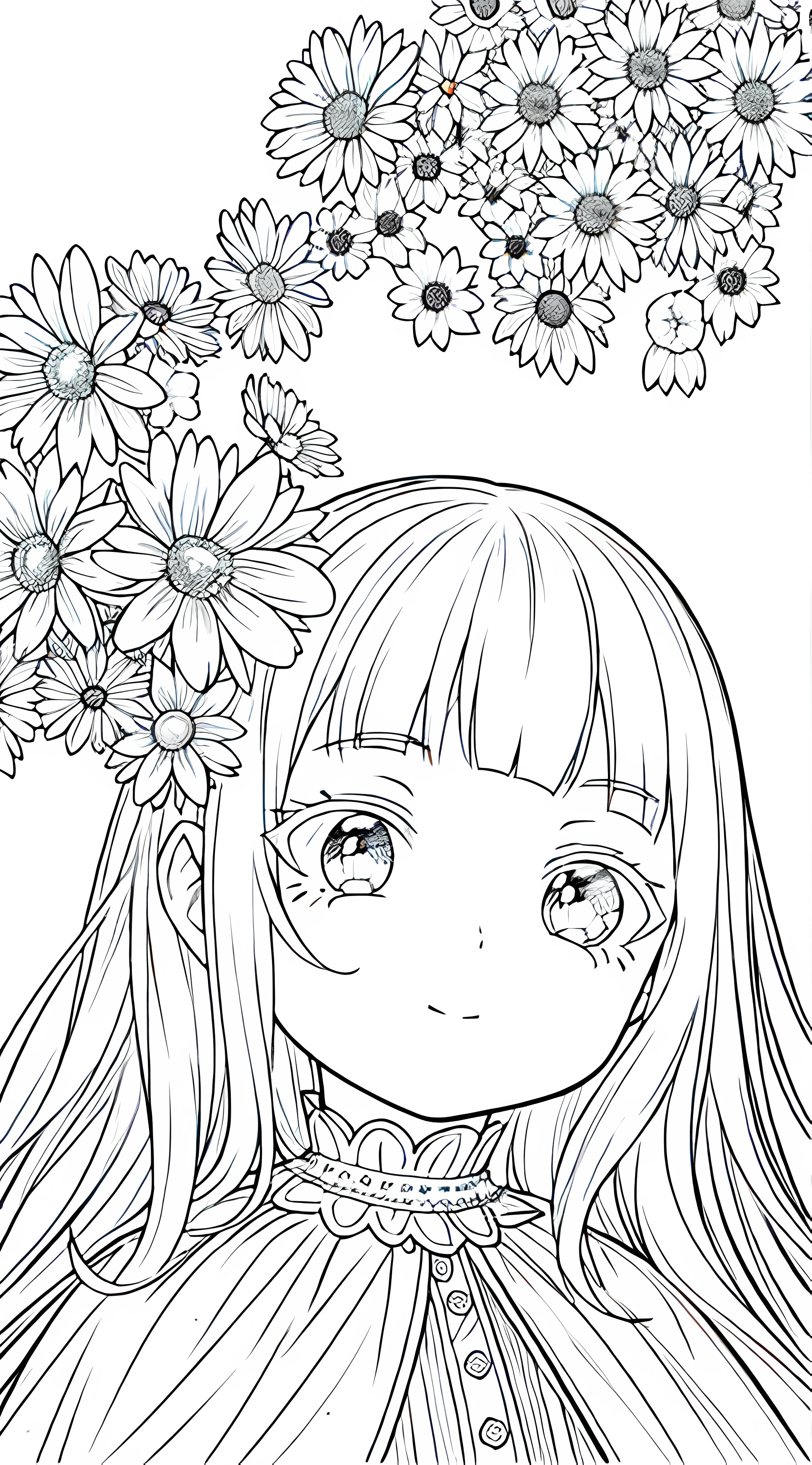 Detail face, ((Perfect details)), Cold light, ((Data in the eyes)), ((Data embellishment hair)), Line drawing, Monochrome, Line drawing cute baby, white hair, flowers line drawing white background,