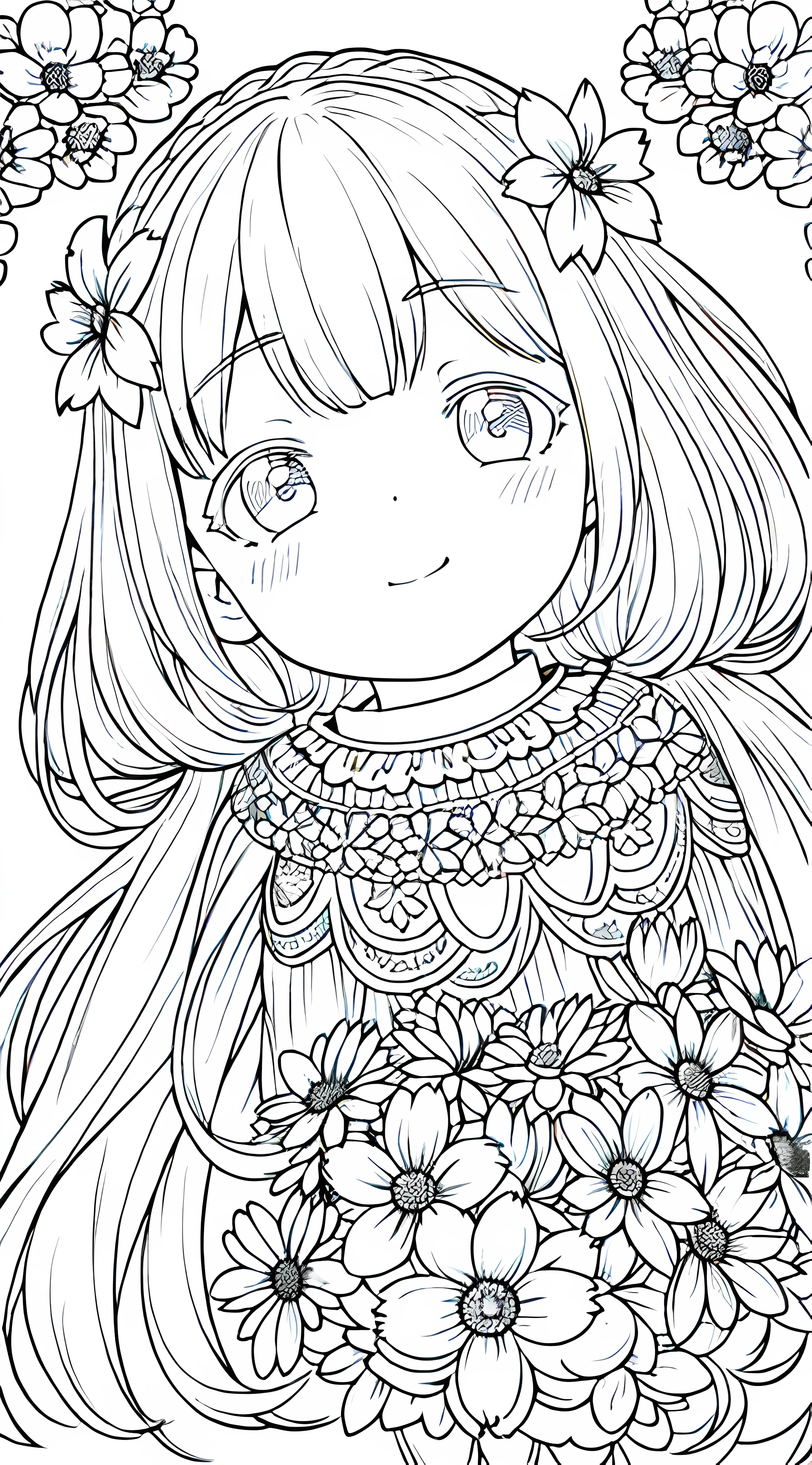 Detail face, ((Perfect details)), Cold light, ((Data in the eyes)), ((Data embellishment hair)), Line drawing, Monochrome, Line drawing cute baby, white hair, flowers line drawing white background,