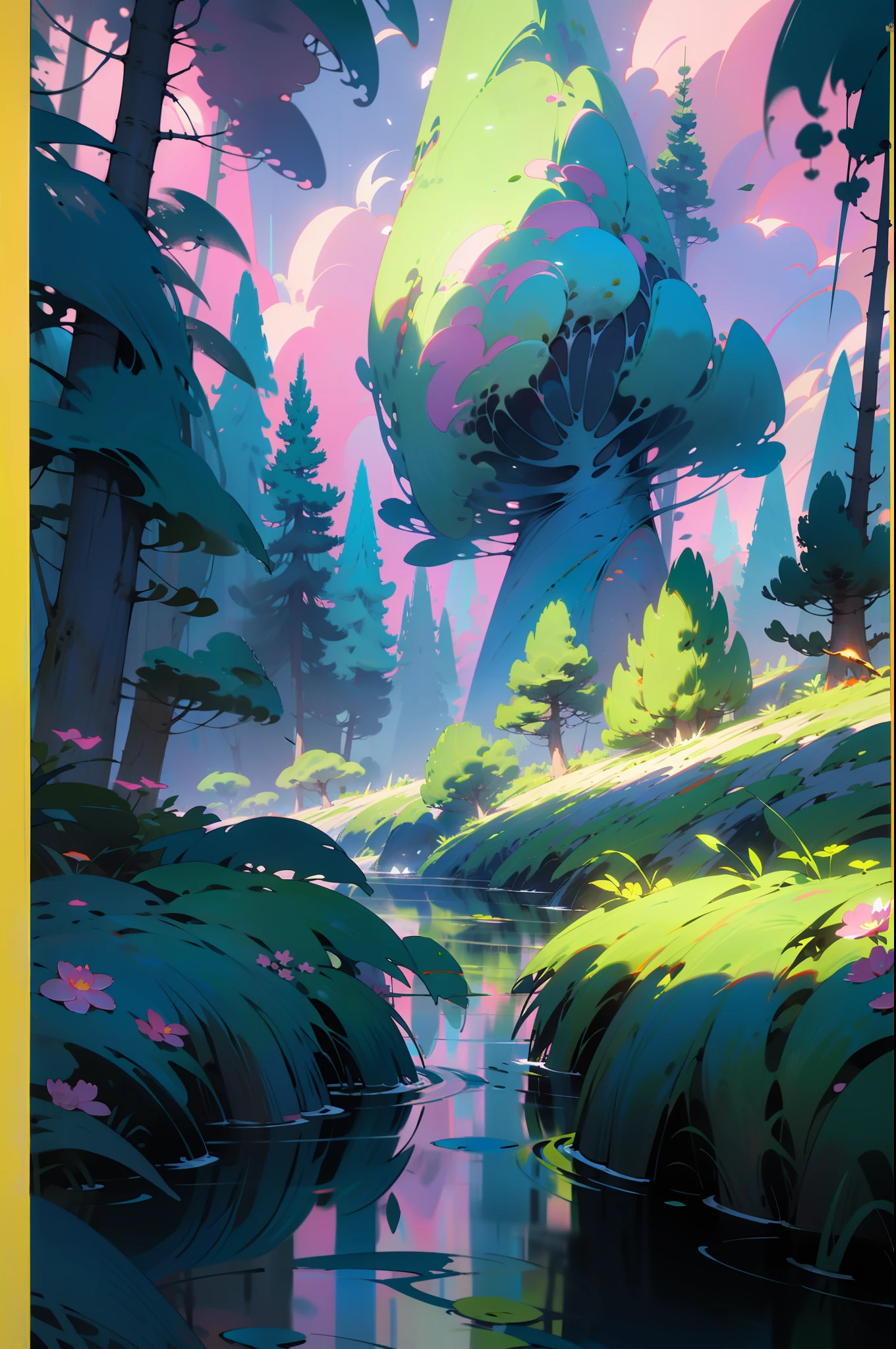 Masterpeace, BestQuality, car, forest, mountains, near the lake, shore, wet road, auto, auto, poster, bright colors, flowers, volumetric lighting, best shadows, shallow depth of field, (High quality, stunning details: 1.25), Brilliant colorful paintings, whimsical, magical, flicker, highlights, neon garland, details, 8k