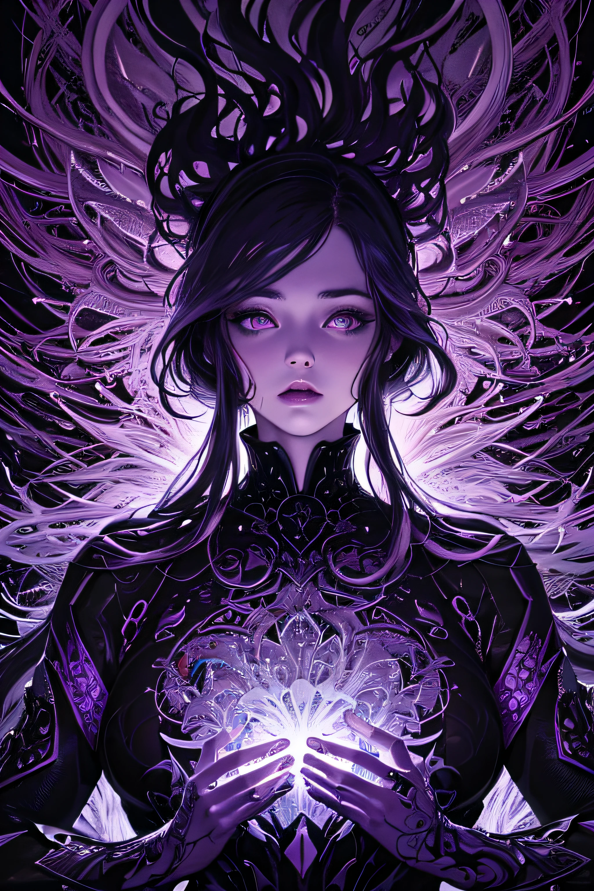 (abstract art:1.4), style of Yuko Shimizu, style of Rebecca Guay, masterpiece, highest quality, absurdres, incredible details, extremely intricate, professional painting, beautiful, visually stunning, gorgeous, 1girl, purple theme, bleeding purple, violet flowers, glowing eyes, glowing body, from below