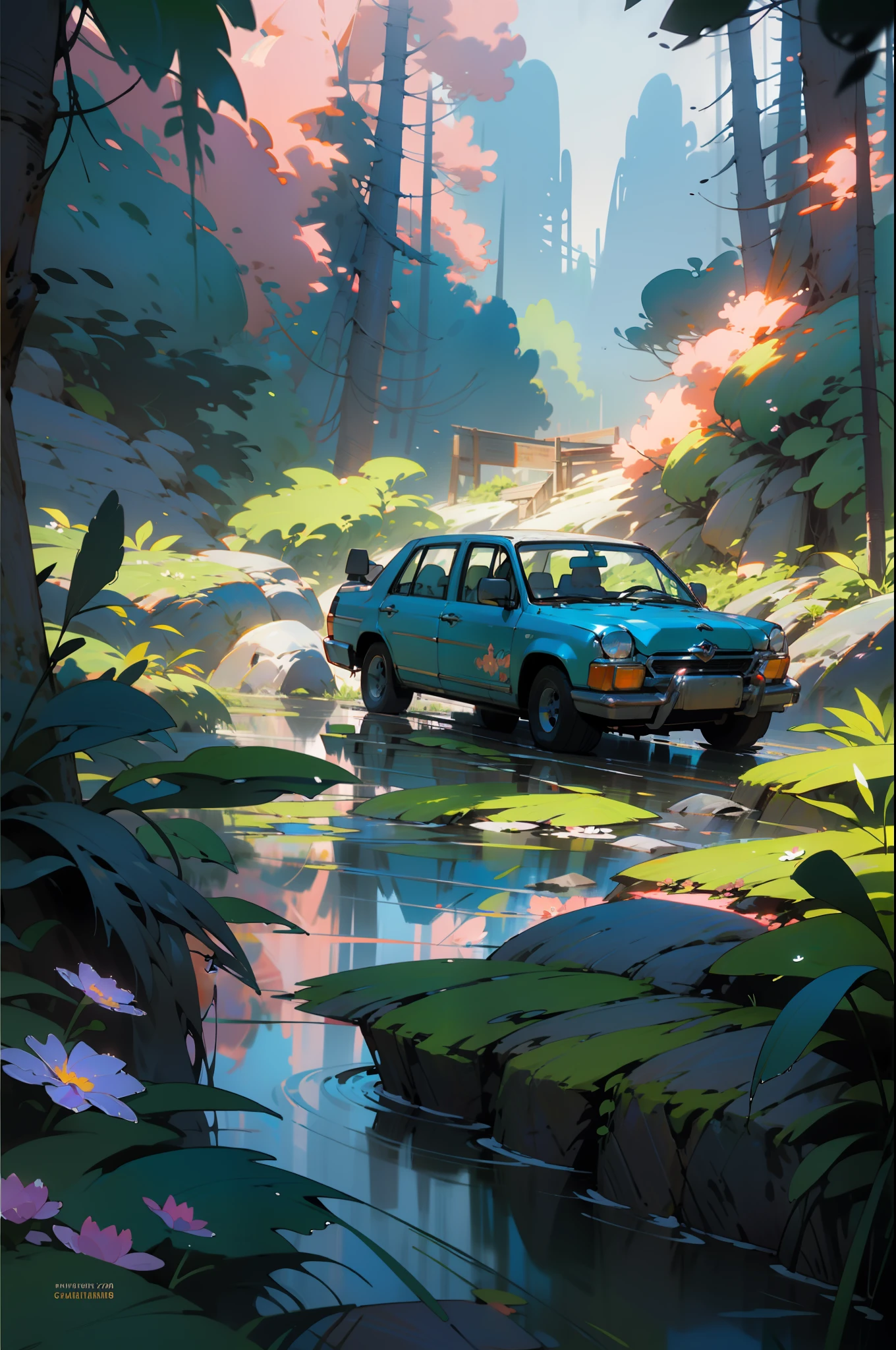 Masterpeace, BestQuality, car, forest, mountains, near the lake, shore, wet road, auto, auto, poster, bright colors, flowers, volumetric lighting, best shadows, shallow depth of field, (High quality, stunning details: 1.25), Brilliant colorful paintings, whimsical, magical, flicker, highlights, neon garland, details, 8k