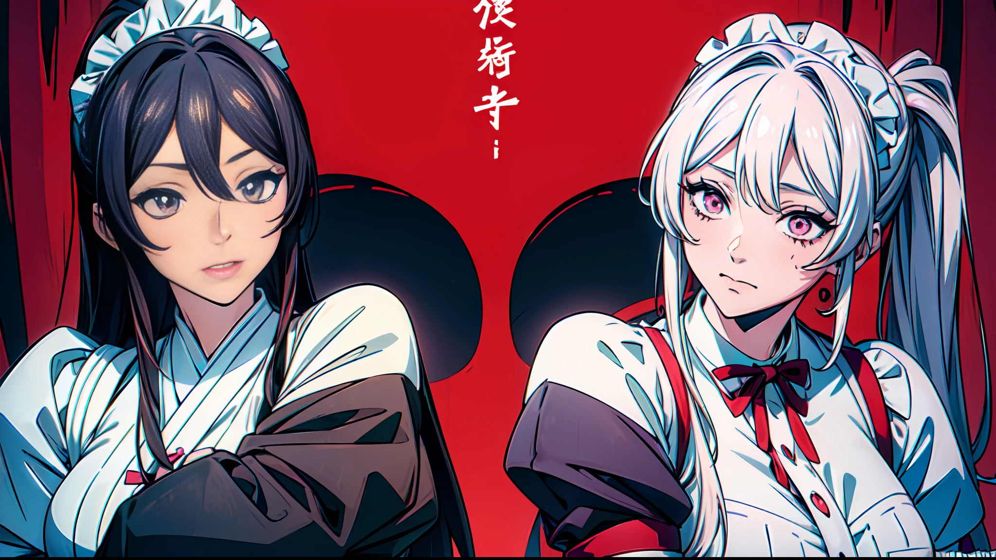 ((masterpiece, Best quality, ultra detailed, Perfect eyes, perfect face, High Resolution)), (((2girls, 2 girls standing by each other))), ((2girls, Sagiri Yamada, Sagiri, Hell's Paradise, Maid Outfit, Shy Expression)) AND ((2girls, Yuzuhira, Yuzuhira - Hell's Paradise, Maid Outfit, Happy)), Maid Cafe Background, Lots of Customer, Heart elements, Moe moe kyun Pose, Heart shaped hands, Wide Shot, Wide camera shot