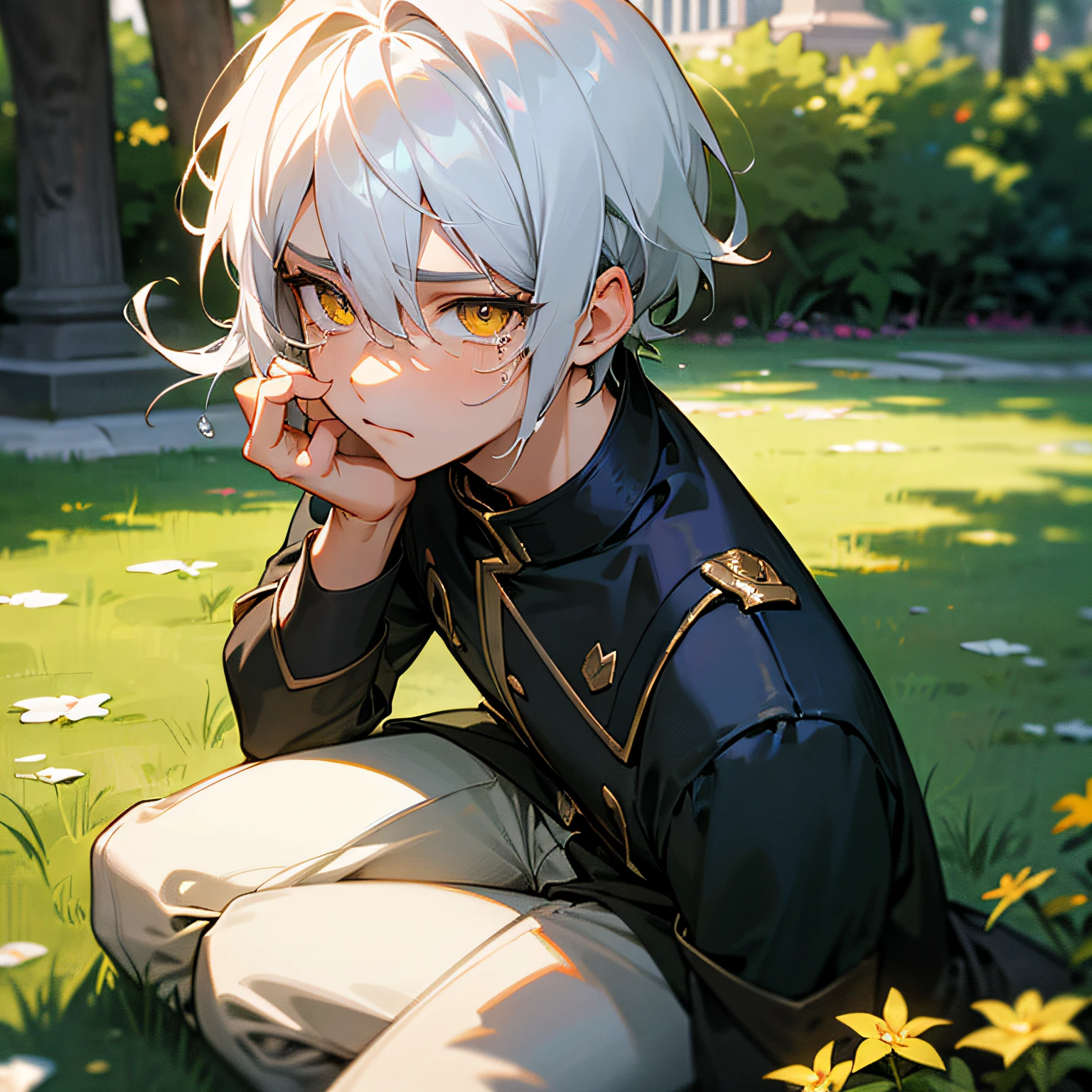 Excellent, masterpiece, white hair, golden eyes, hair, fair skin, man face with sharp angles in the garden park male bust shot sitting on the park grass short hair with tears in the eyes --auto