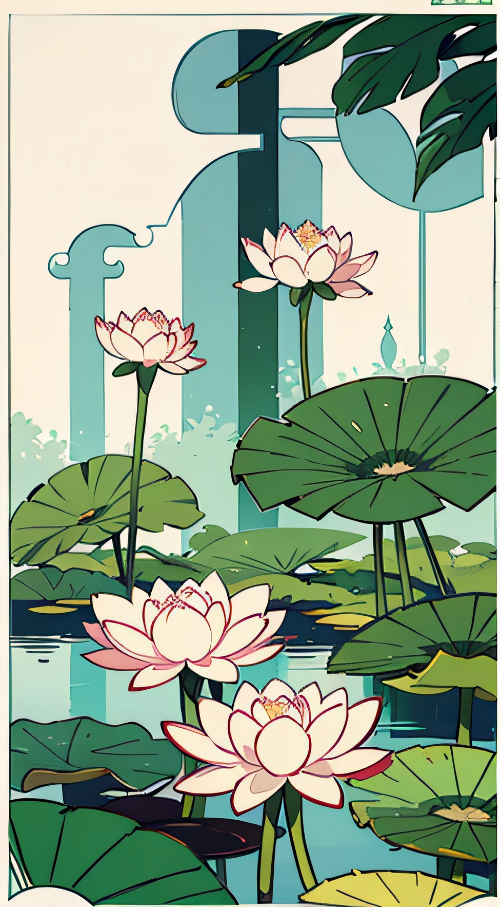 Lotus flowers and leaves in pond, pastel style, romantic landscape, advertising poster, light color use, green, simple Japanese style, white space in the middle