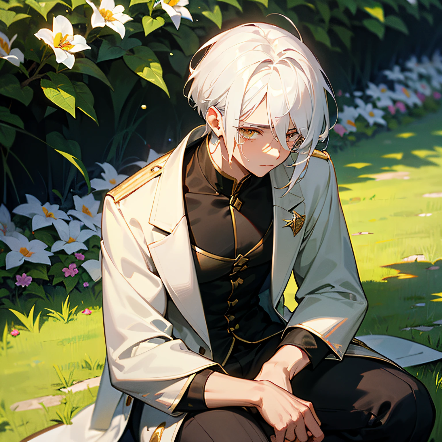 Excellent, masterpiece, white hair, golden eyes, hair, fair skin, man face with sharp angles in the garden park male bust shot sitting on the park grass short hair with tears in the eyes --auto