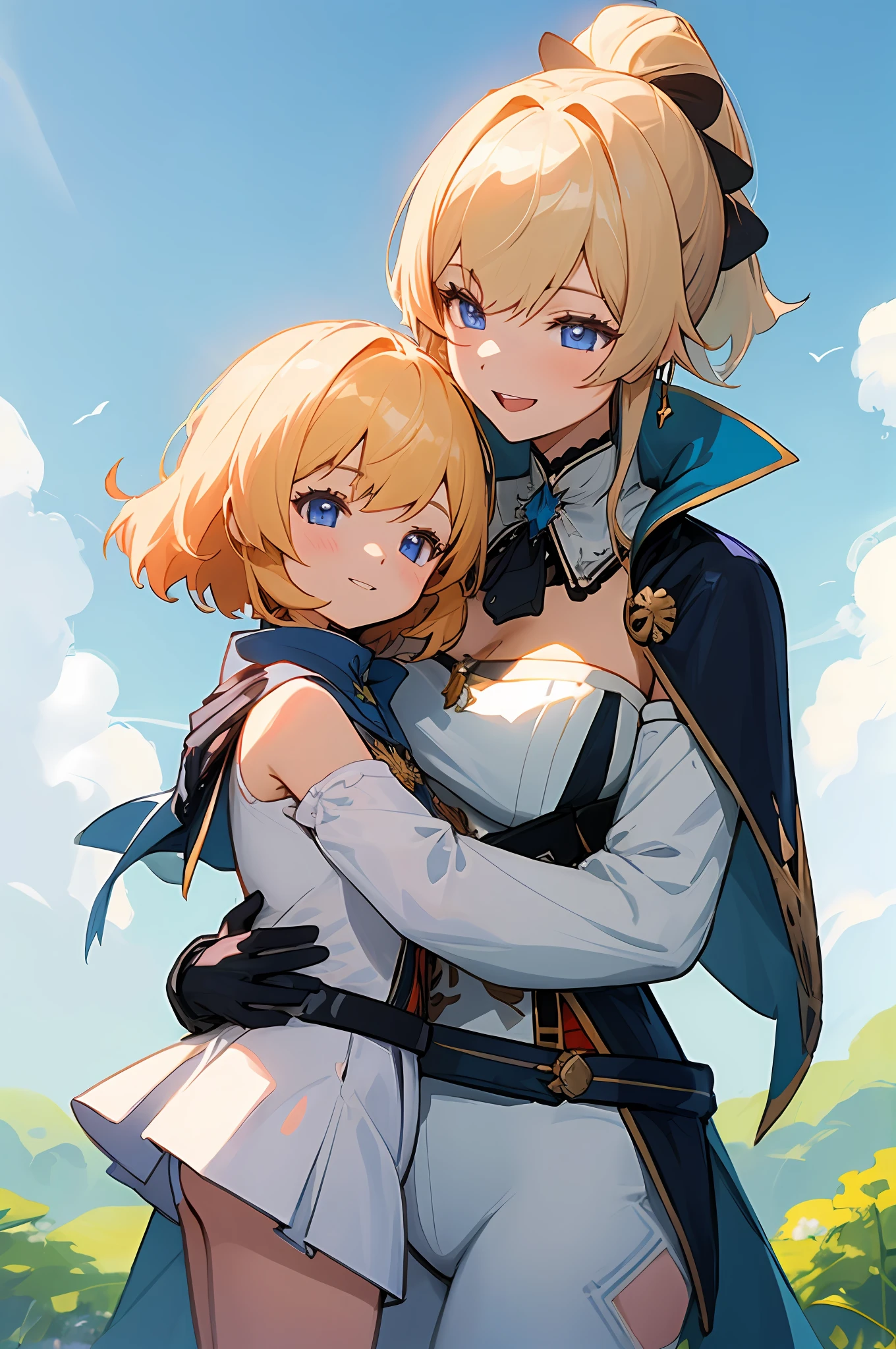 anime image of two women dressed knight posing for a picture like knight clothing in summer, jeanfavonian, medium hair, short hair, a girl in knight field, anime fantasy illustration, from the azur lane videogame, genshin, knight dress detailed art, two beautiful anime girls, laugh, mother and child, symbol of maternal love, happy, mother and child, such as photos of mother and child