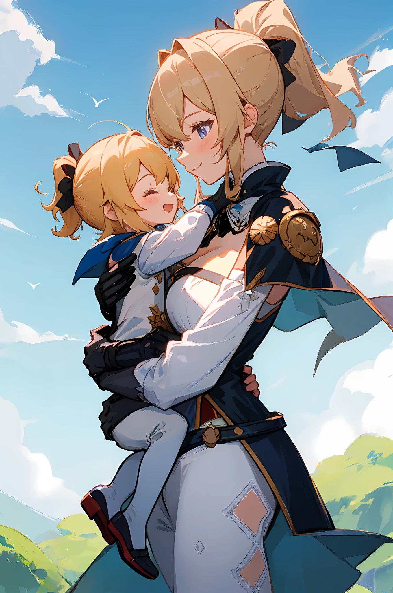 anime image of two women dressed knight posing for a picture like knight clothing in summer, jeanfavonian, medium hair, short hair, a girl in knight field, anime fantasy illustration, from the azur lane videogame, genshin, knight dress detailed art, two beautiful anime girls, laugh, mother and child, symbol of maternal love, happy, mother and child, such as photos of mother and child