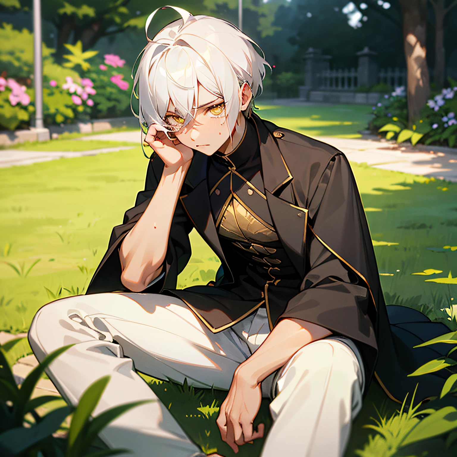 Excellent, masterpiece, white hair, golden eyes, hair, fair skin, man face with sharp angles in the garden park male bust shot sitting on the park grass short hair with tears in the eyes --auto