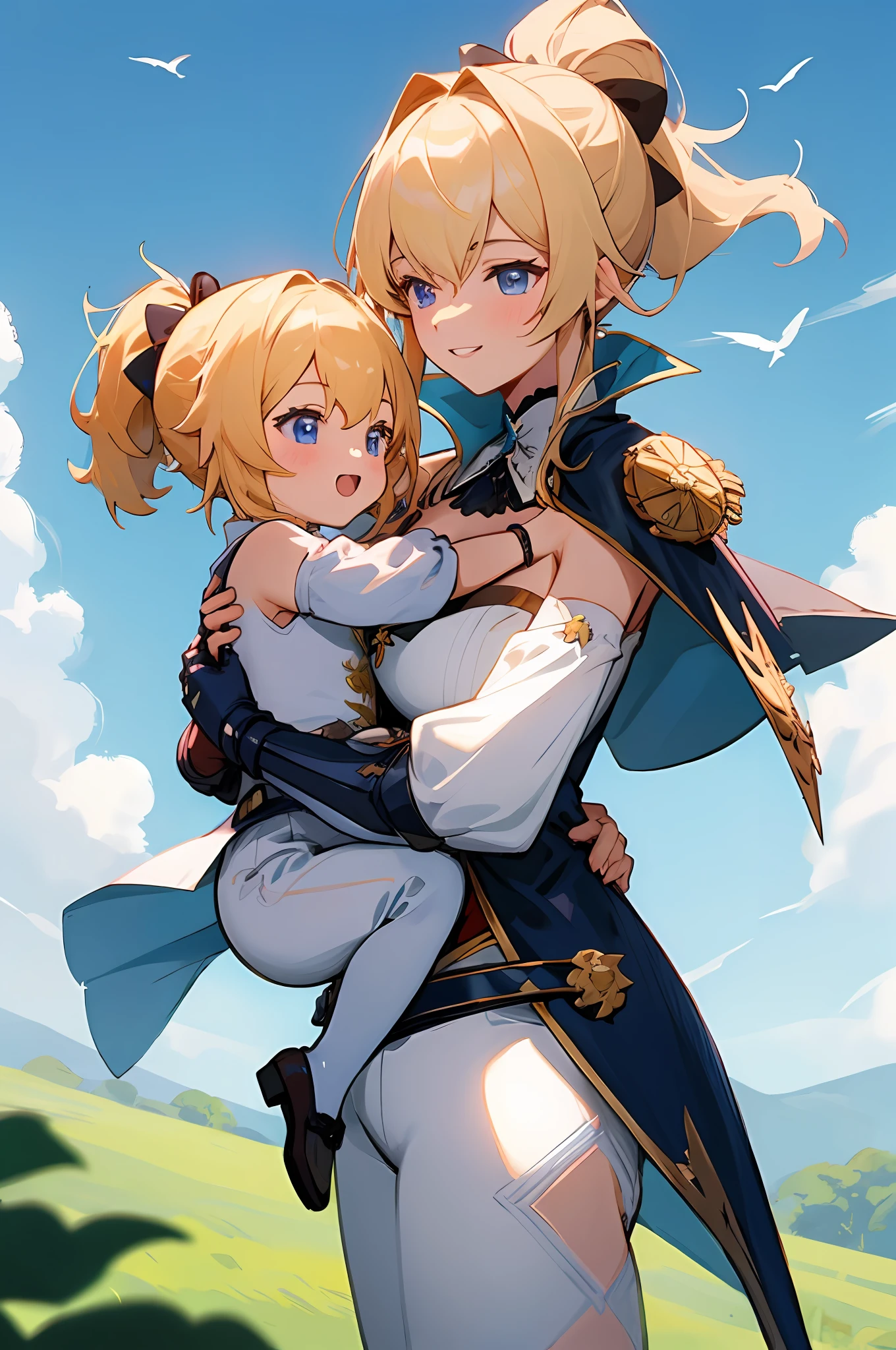 anime image of two women dressed knight posing for a picture like knight clothing in summer, jeanfavonian, medium hair, short hair, a girl in knight field, anime fantasy illustration, from the azur lane videogame, genshin, knight dress detailed art, two beautiful anime girls, laugh, mother and child, symbol of maternal love, happy, mother and child, such as photos of mother and child