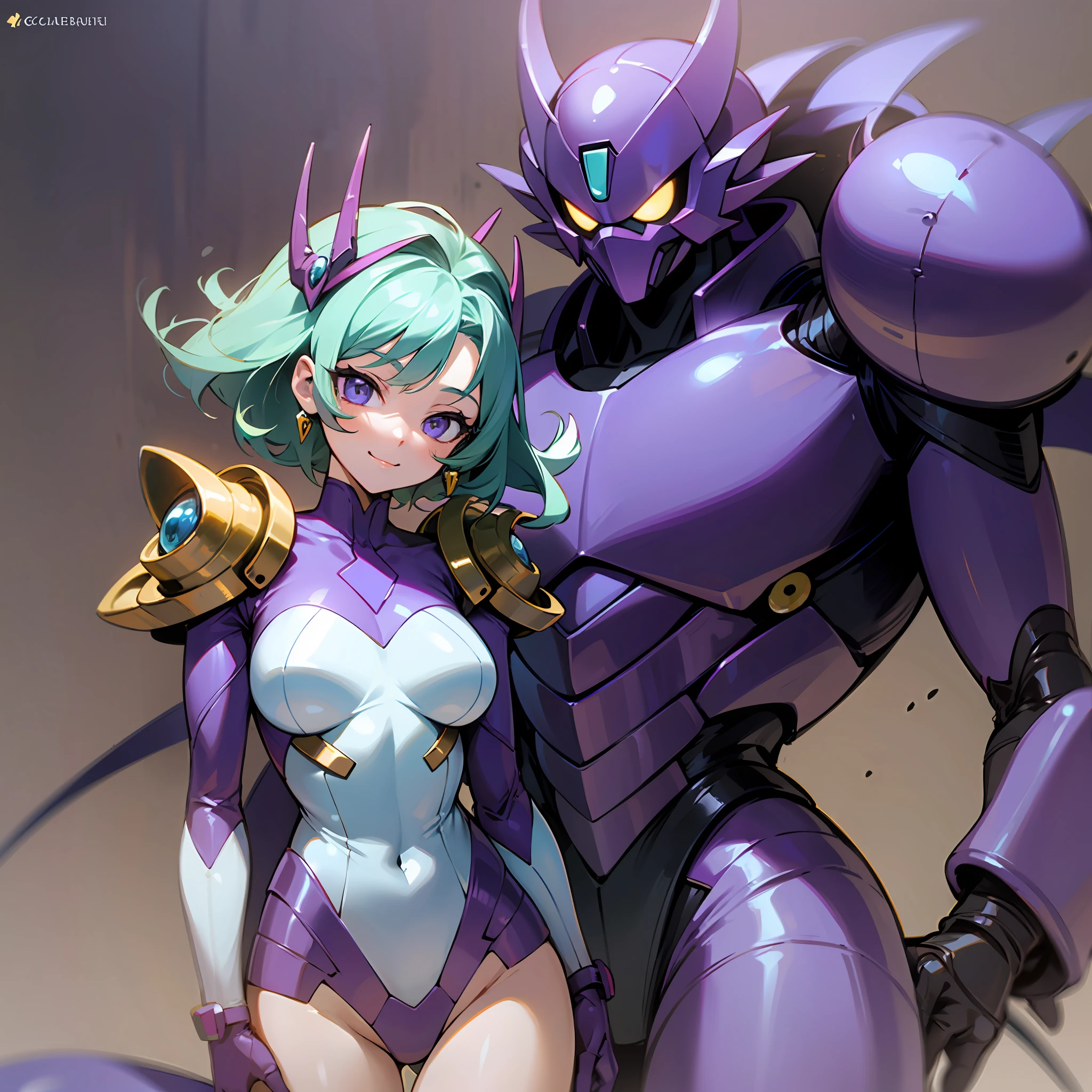 Cartoon photo of woman in white and purple costume, hot insect humanoid woman, guyver style, bad smile, scaraber reploid, bellows tail, cel shade adult animation, alien queen,
