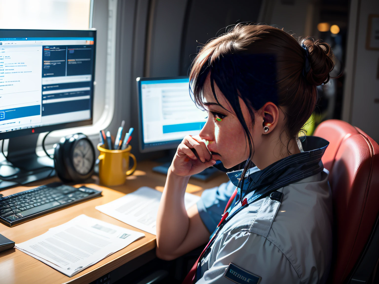 A civil aviation safety worker in front of a computer, holding his cheek with one hand, thinks about problems