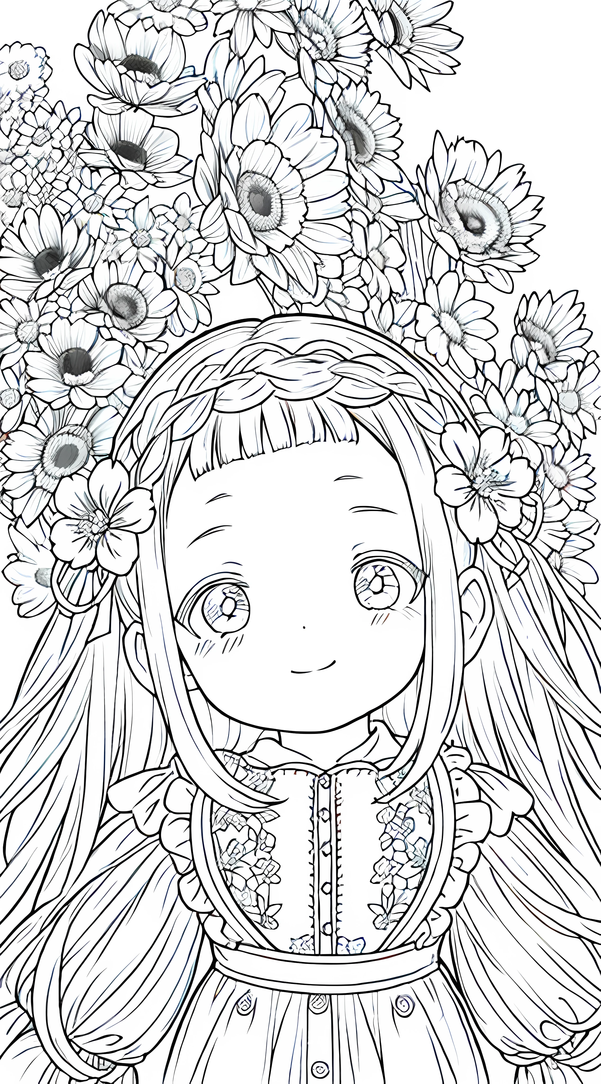 Detail face, ((Perfect details)), Cold light, ((Data in the eyes)), ((Data embellishment hair)), Line drawing, Monochrome, Line drawing cute baby, white hair, flowers line drawing white background,