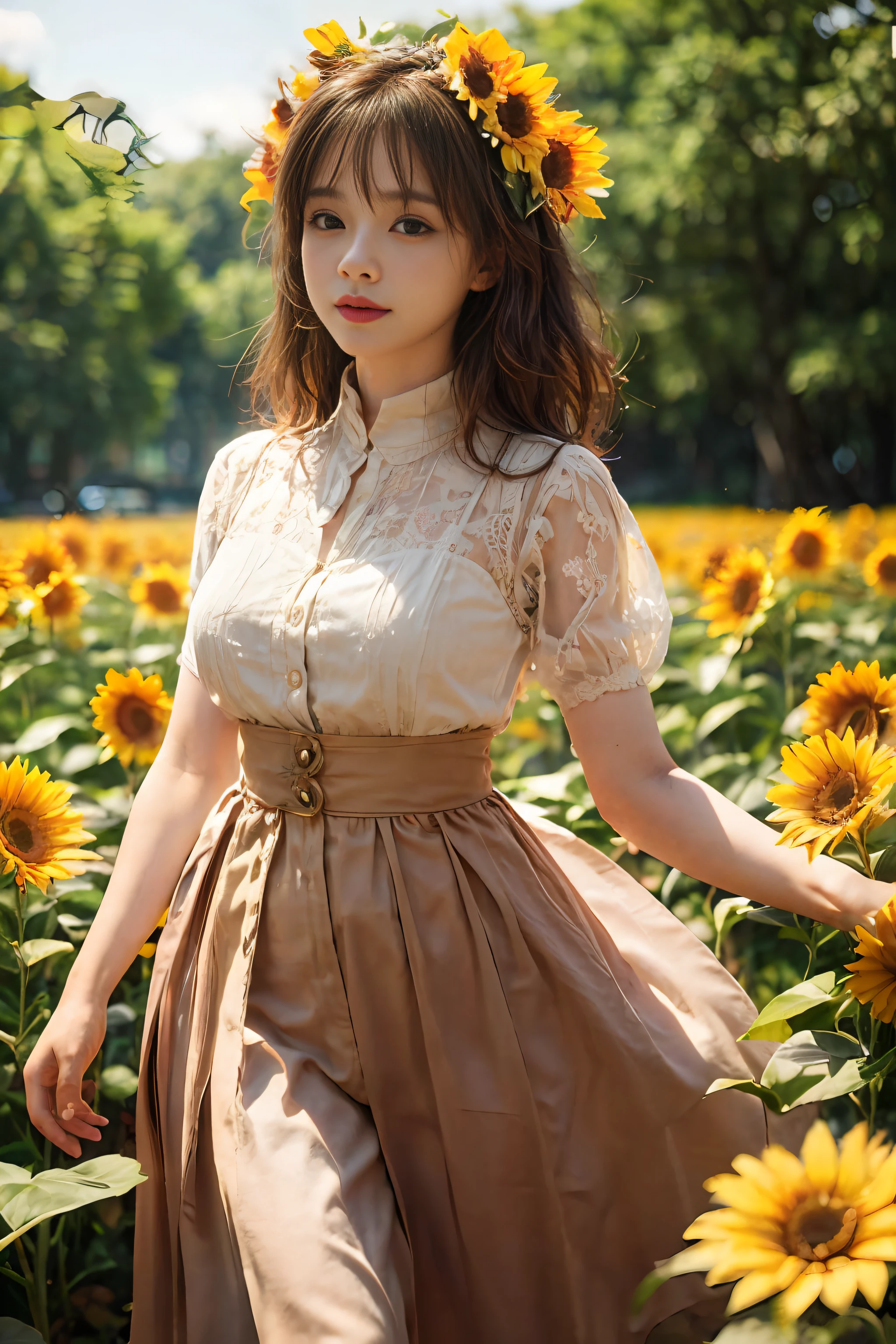 Side view, a girl in a vast sunflower plantation, wearing a green blous and a thin cardigan, looks cheerful and happy, at sunset, there is a golden sunlight penetrating from between her hair floating in the wind. (Masterpiece,realistic,best quality):1.4, delicate photo, intricate detailed, ray tracing, hi-res CG, ultra detailed, 8k wallpaper, unity, artstation, dslr, hi-res photography, best shadow, cinematic light