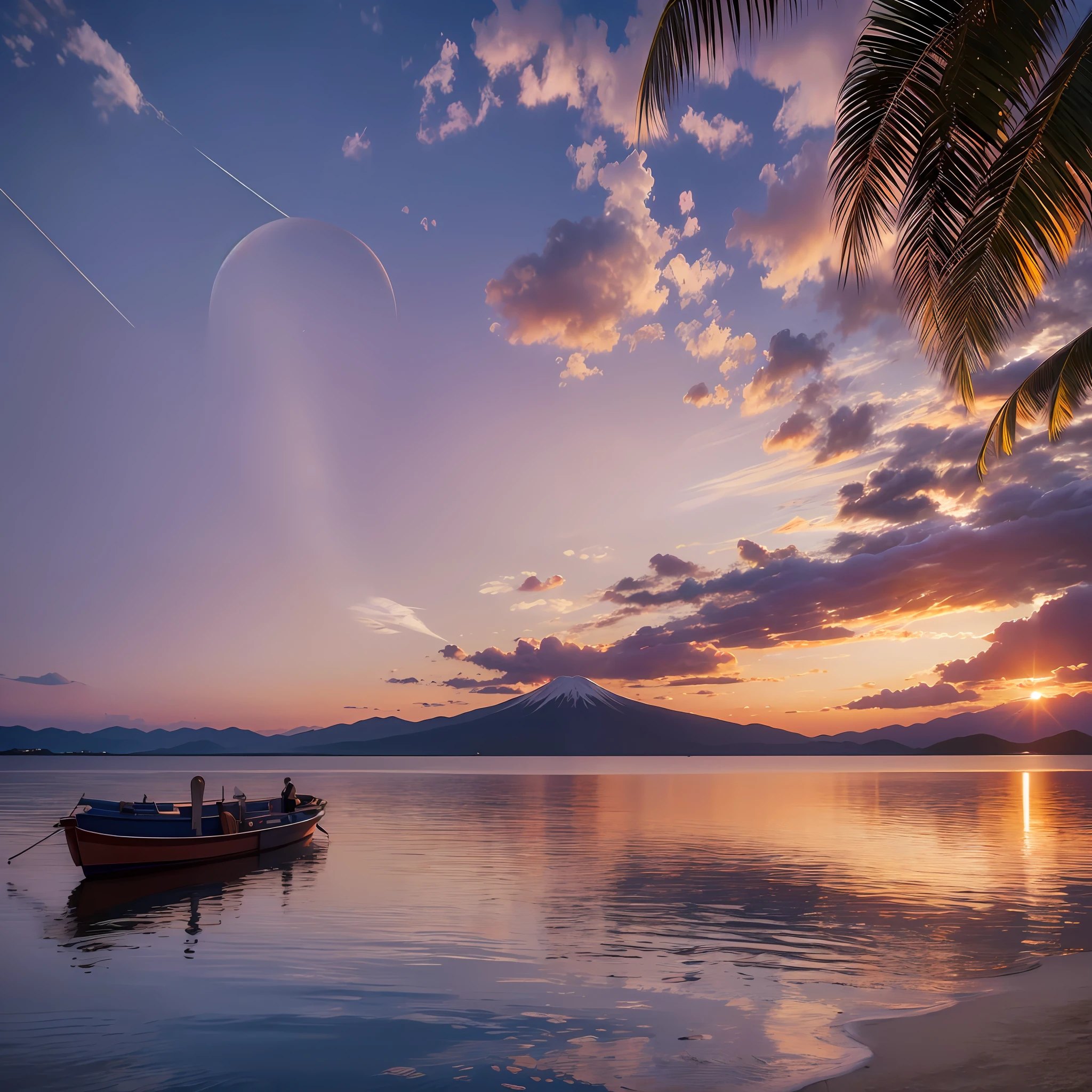 Oranges, pinks and yellows blend together to fill the sky, and the sunrise on the beach is mesmerizing. The crystal clear waters gently kiss the coast, and the white sand beach stretches out endlessly. It's a dynamic and breathtaking scene with seagulls soaring high into the sky and palm trees gently swaying. Take in the calm atmosphere and peace will wash you away. Mt. Fuji can be seen in the distance. A small boat is floating. Magnificent sunset scenery --auto --s2