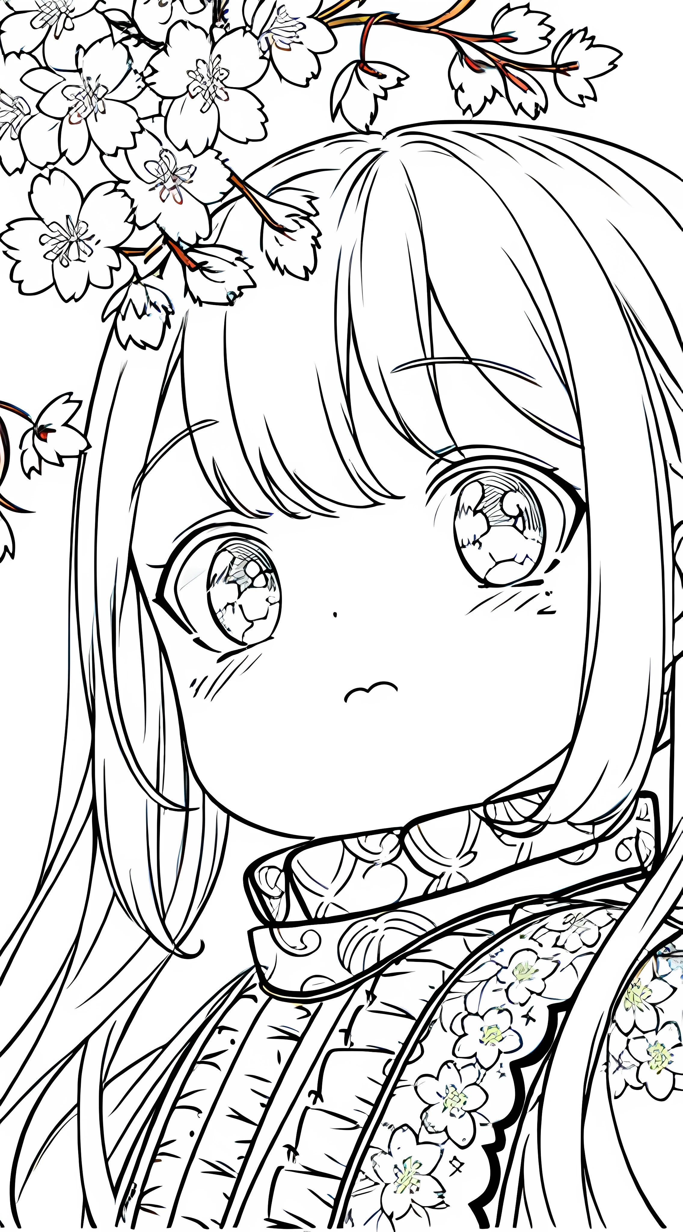 Detail face, ((Perfect detail)), Cold light, ((Data in eyes)), ((Data embellishment hair)), Line drawing, Monochrome, Line drawing cute , white hair, cherry blossom line drawing white background,