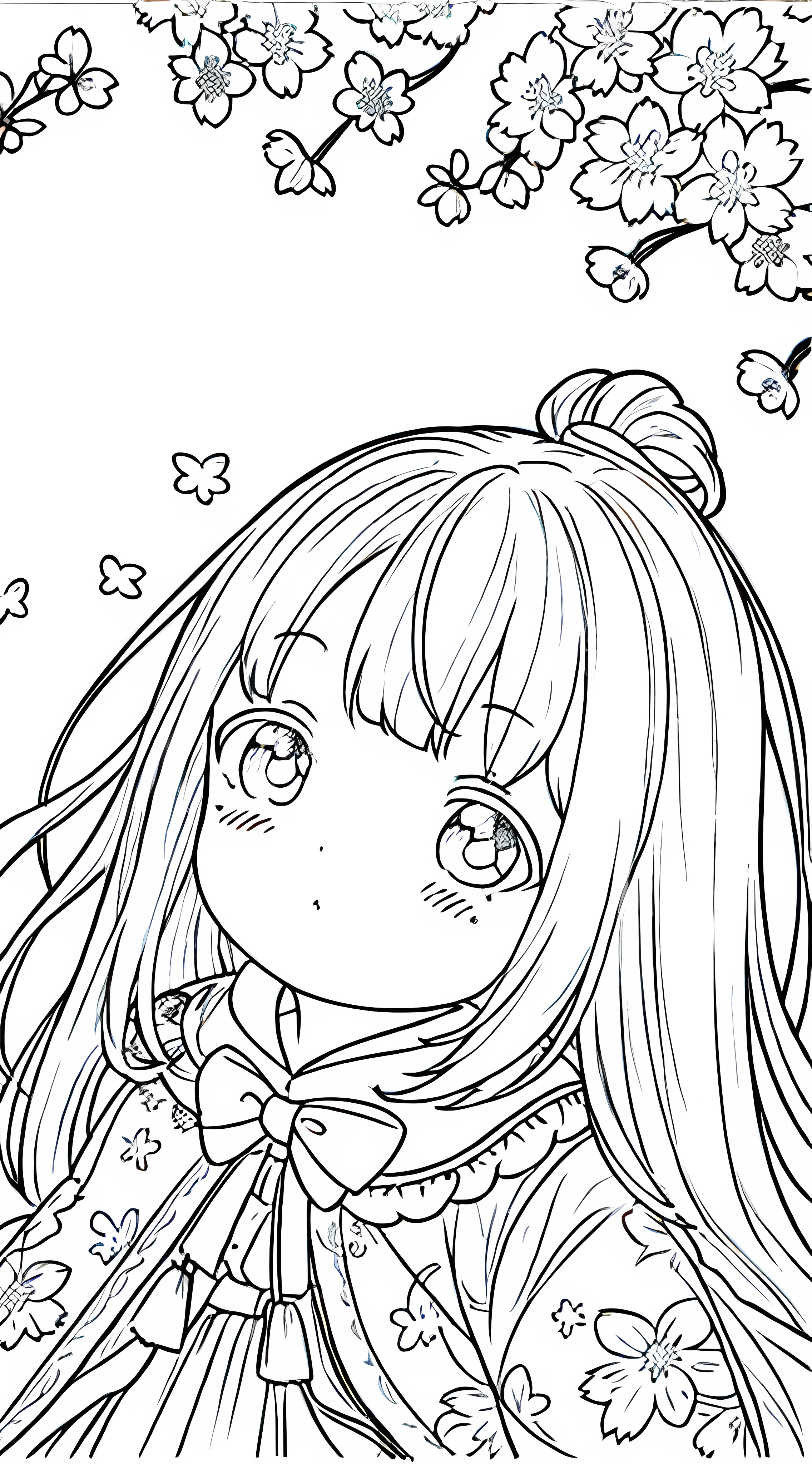 Detail face, ((Perfect detail)), Cold light, ((Data in eyes)), ((Data embellishment hair)), Line drawing, Monochrome, Line drawing cute baby, white hair, cherry blossom line drawing white background,