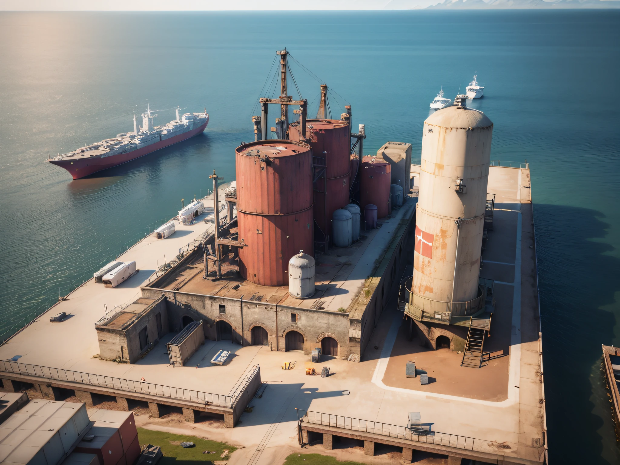 Close up is sea surface, port scene background, a lot of oil tanks inside the port, a lot of oil pipes, oil tanks, super detailed 3D matte painting, super detailed 3D matte painting, highly detailed matte painting, detailed matte painting, detailed matte painting, super detailed matte painting, post-war landscape, detailed scene, environment painting, realistic matte painting, crazy detailed matte painting, shipping terminal