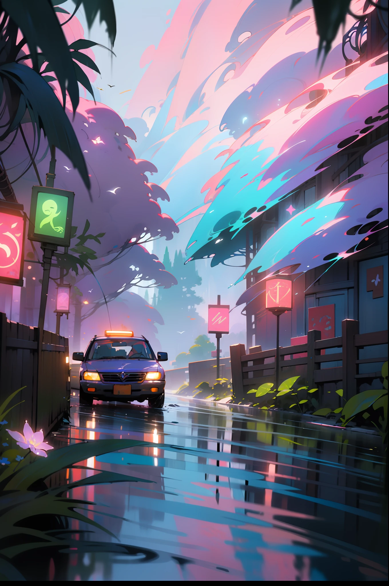 Masterpeace, BestQuality, car, forest, mountains, near the lake, shore, wet road, auto, auto, poster, bright colors, flowers, volumetric lighting, best shadows, shallow depth of field, (High quality, stunning details: 1.25), Brilliant colorful paintings, whimsical, magical, flicker, highlights, neon garland, details, 8k