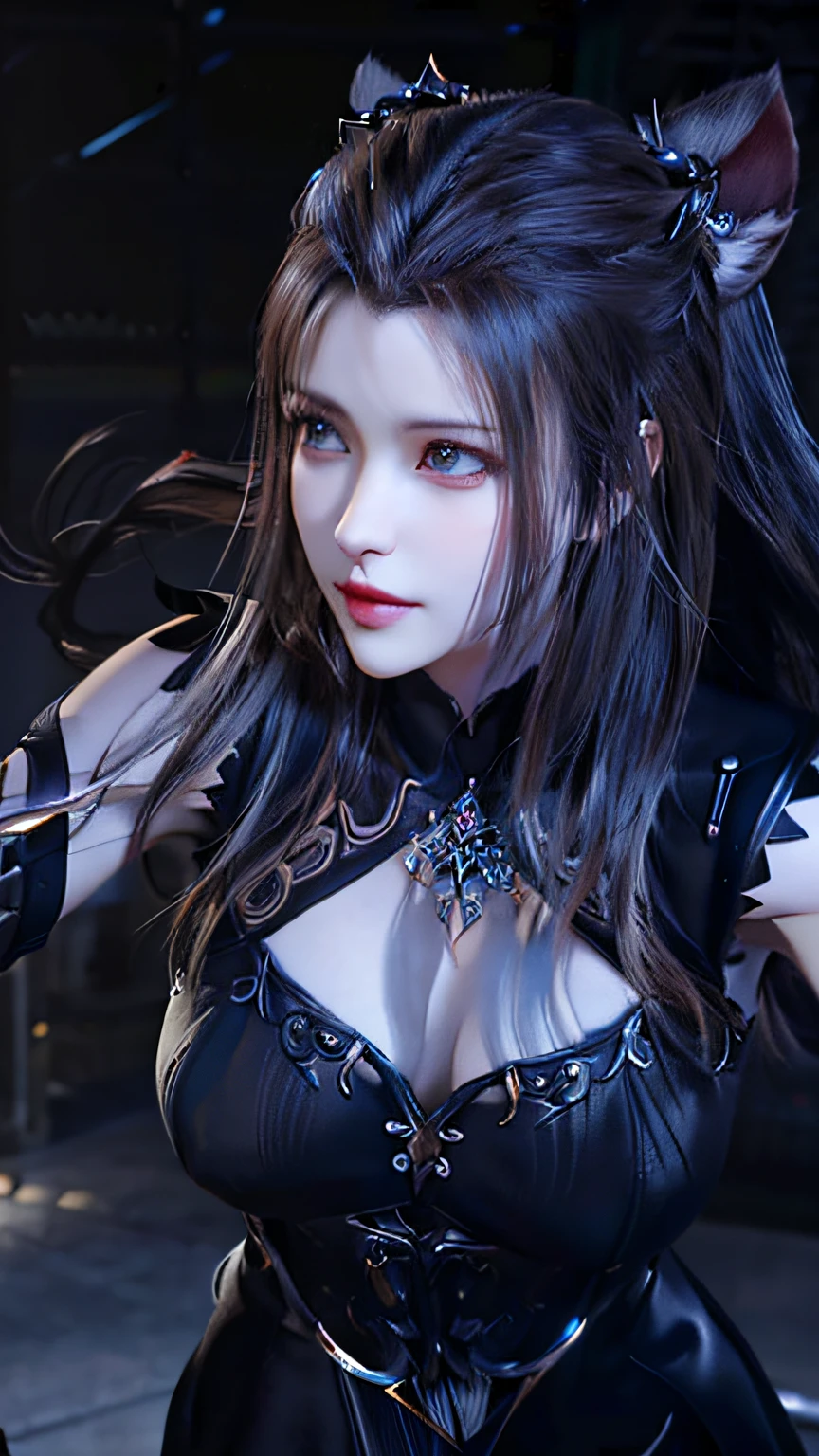 Close-up of a cat-eared woman in a black dress, 8K high quality detail art, 3D rendered character art 8 K, 4K detail fantasy, game CG, Artgerm; 3D Unreal Engine, smooth anime CG art, wearing shiny breastplates, ultra-detailed fantasy characters, 8K art bacteria bokeh, portrait of Tifa Lockhart,