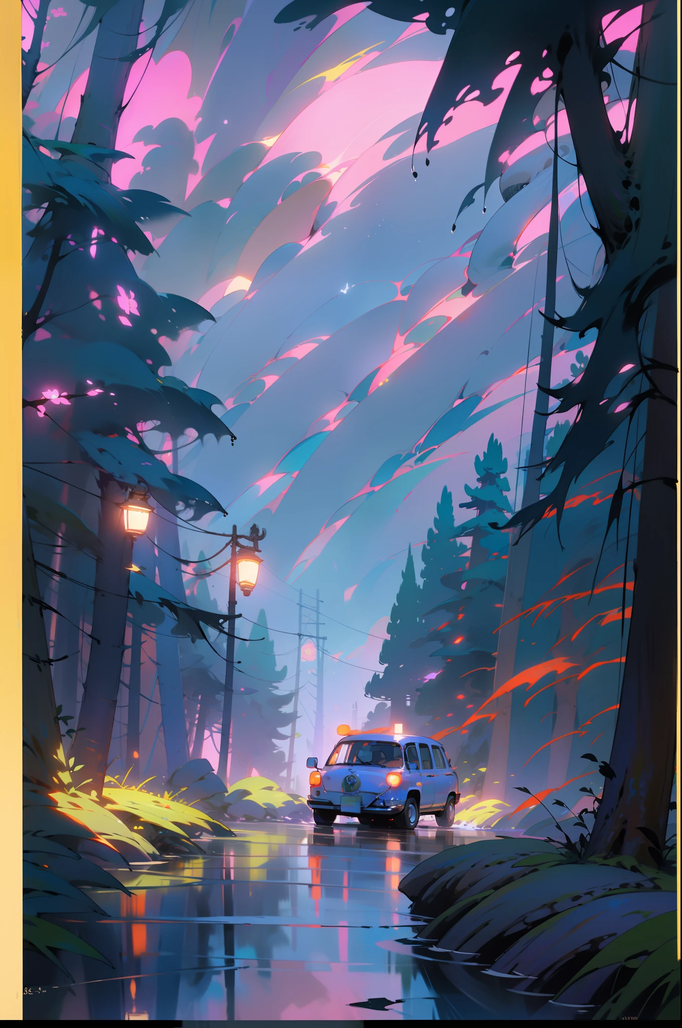 Masterpeace, BestQuality, car, forest, mountains, near the lake, shore, wet road, auto, auto, poster, bright colors, flowers, volumetric lighting, best shadows, shallow depth of field, (High quality, stunning details: 1.25), Brilliant colorful paintings, whimsical, magical, flicker, highlights, neon garland, details, 8k