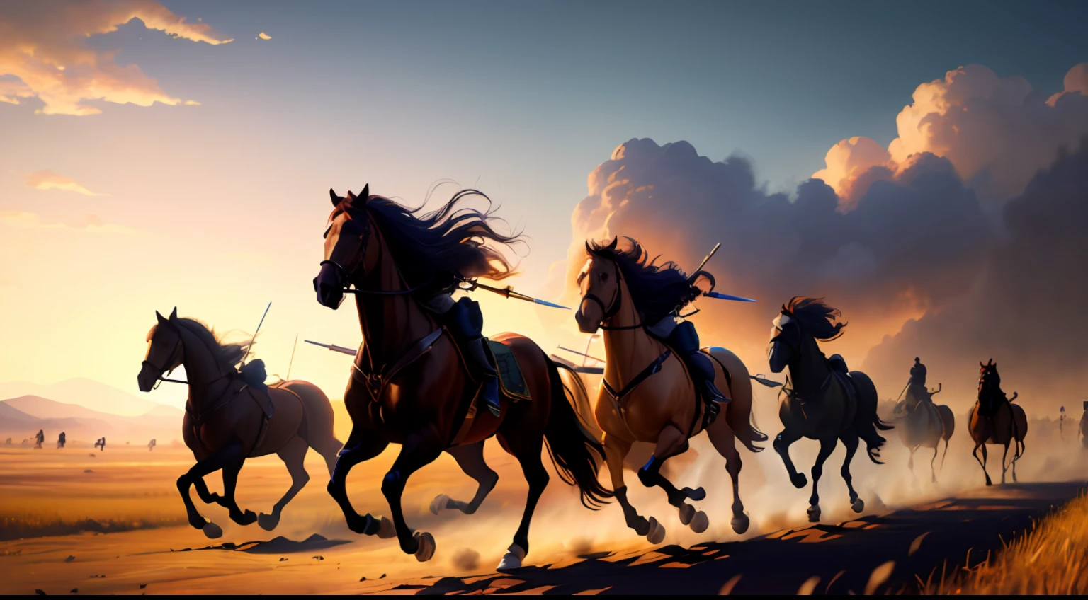 (Digital Painting), (Best Quality), Ancient Battlefield, Warriors, Cold Weapons, Chariots, War Horses, Spears, Golden Iron Horses, Tense Atmosphere, 8k Hyperrealism, Soft Color Scheme, Soft Lighting, Golden Hour, Peaceful Atmosphere, Horizontal