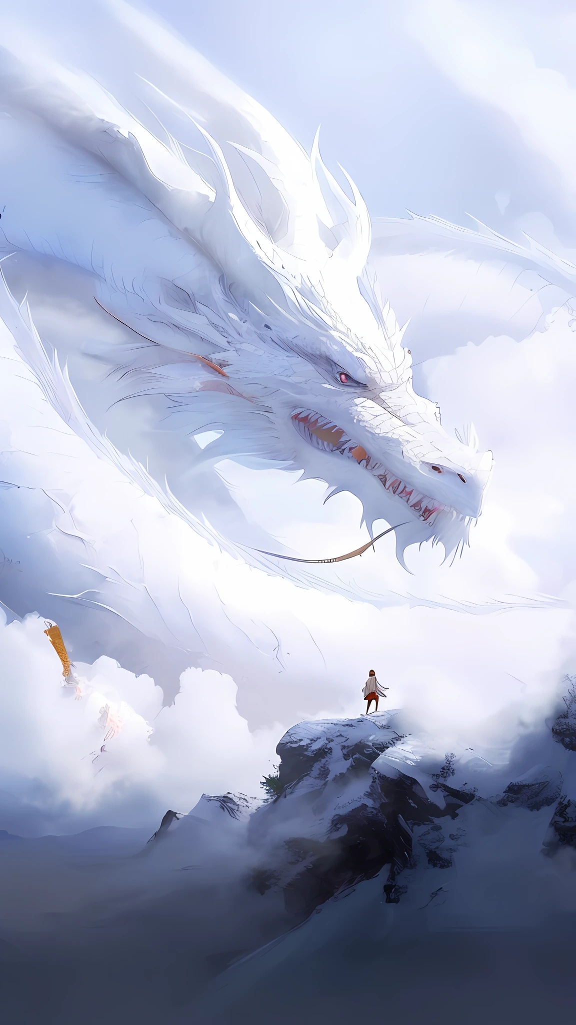 there is a large white dragon flying over a mountain with people, a dragon made of clouds, god of dragons, dragon art, dragon in the background, chinese fantasy, flying dragon, chinese dragon concept art, dragon in the sky, giant dragon flying in the sky, dragon flying in the sky, man with the soul of a dragon, amazing wallpaper