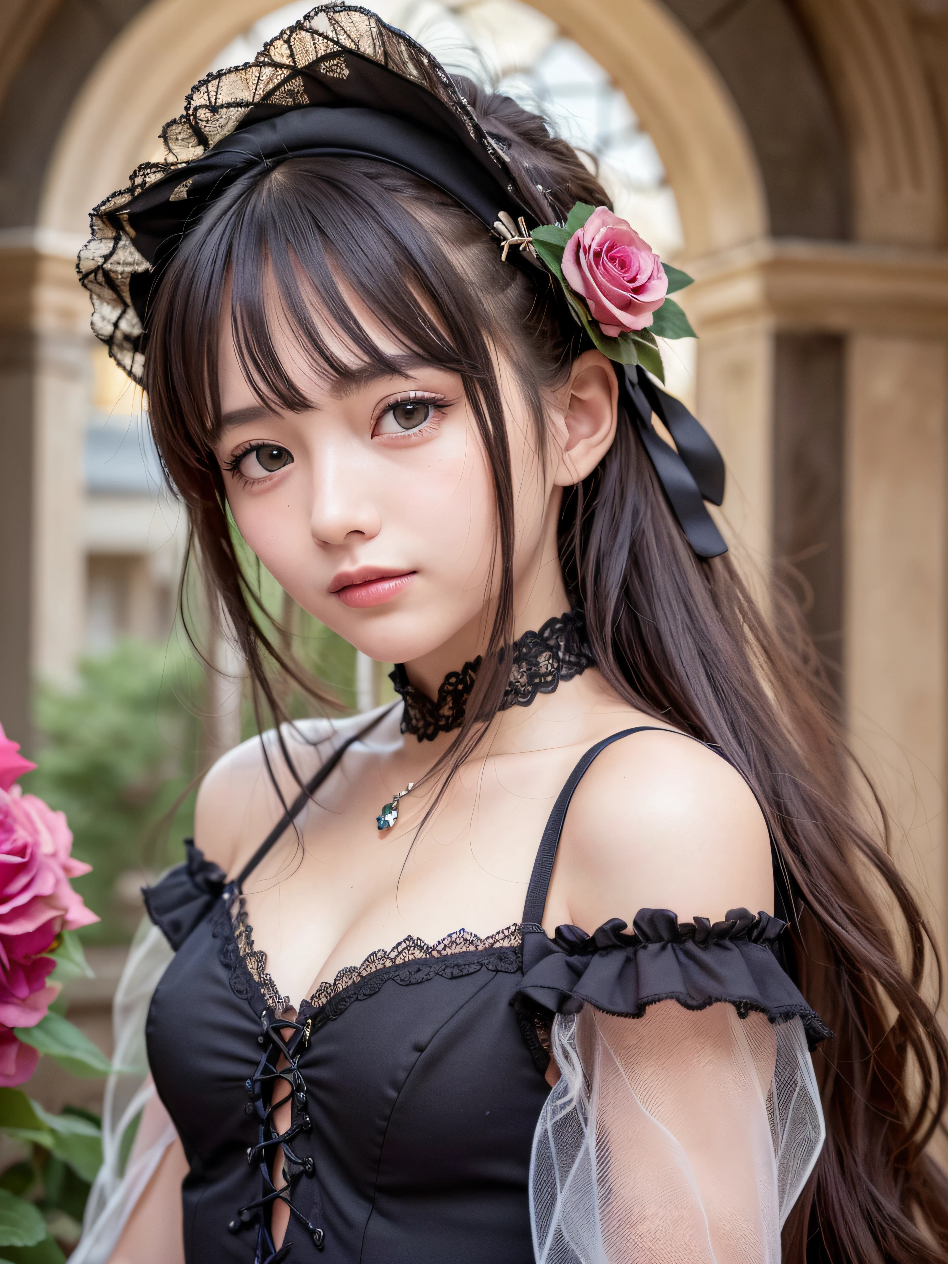 (realistic, photo-realistic:1.37), incredibly absurdres, (insanely detailed:1.3), 8k, (masterpiece), (best quality:1.4), (ultra high res:1.2), (RAW photo:1.2), ultra detailed background, (unity 8k wallpaper), 1 nogizaka girl, utterly cute, bishojo, , (gothic loliashion), an exquisitely detailed and beautiful face and eyes and skin, detailed black shine hair, small-medium breasts, cleavage, open chest, elegant frills, frilled tie, ribbon tie, hydrangea hair accessory, a dress with delicate lace, soft fabric, and a beautiful rose pattern, smile at the camera, cowboy shot, castles scenery in europe, professional lighting