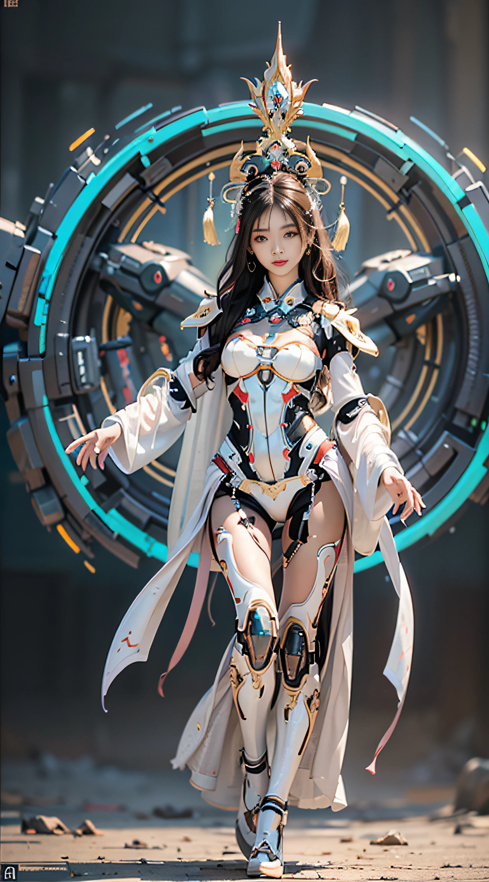 A girl looking at the audience, brunette hair, chinese girl, headdress, chinese hair ornament, (hanfu: 1.5), mecha, robotic arm, (magic: 1), front, magic element, (full body: 1.5), simple background, bright background, futuristic, first-person view, pov, panorama, ultra hd, masterpiece, accurate, anatomically correct, textured skin, high detail, best quality, high resolution, 8k, perfect face proportions, upright body, beautiful eyes, perfect face, detailed face, elegant, simple background,