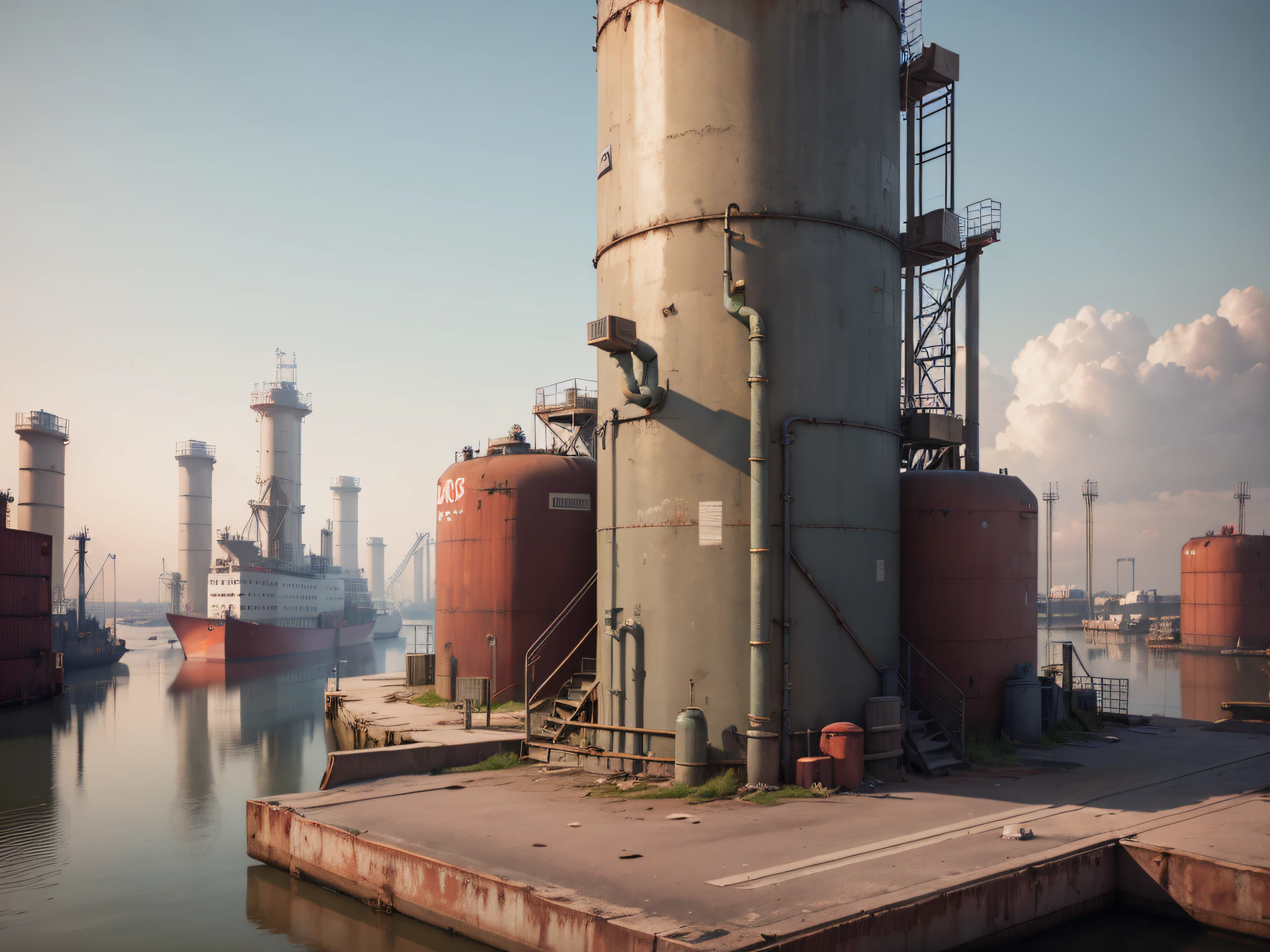 There is a port inside a lot of oil tanks, port scene background, a lot of oil pipes, oil tanks, super detailed 3D matte painting, super detailed 3D matte painting, highly detailed matte painting, detailed matte painting, detailed matte painting, super detailed matte painting, post-war landscape, detailed scene, environment painting, realistic matte painting, crazy detailed matte painting, shipping terminal