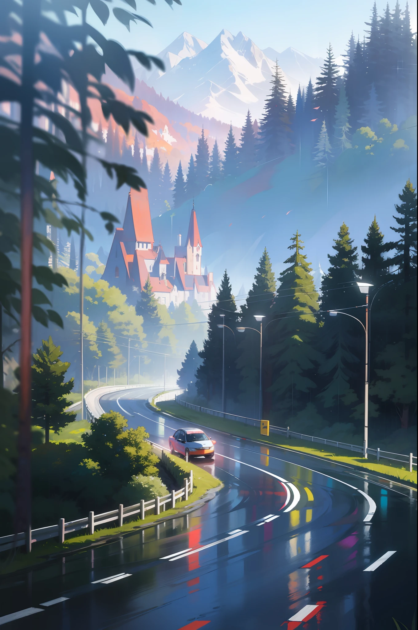 Masterpeace, BestQuality, Car, Forest, Mountains, Wet Road, Auto, Auto, Bright Colors, Volumetric Lighting, Best Shadows, Shallow Depth of Field, (High Quality, Stunning Details: 1.25), Brilliant Colorful Paintings, Whimsical, Magical, Flicker, Highlights, Neon Garland, Details, 8k