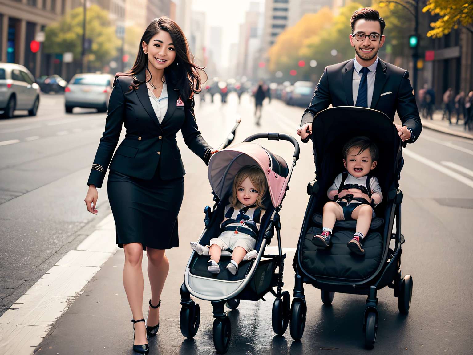 A pilot and a flight attendant, pushing a stroller in their hands and a  on the stroller, they are both smiling happily