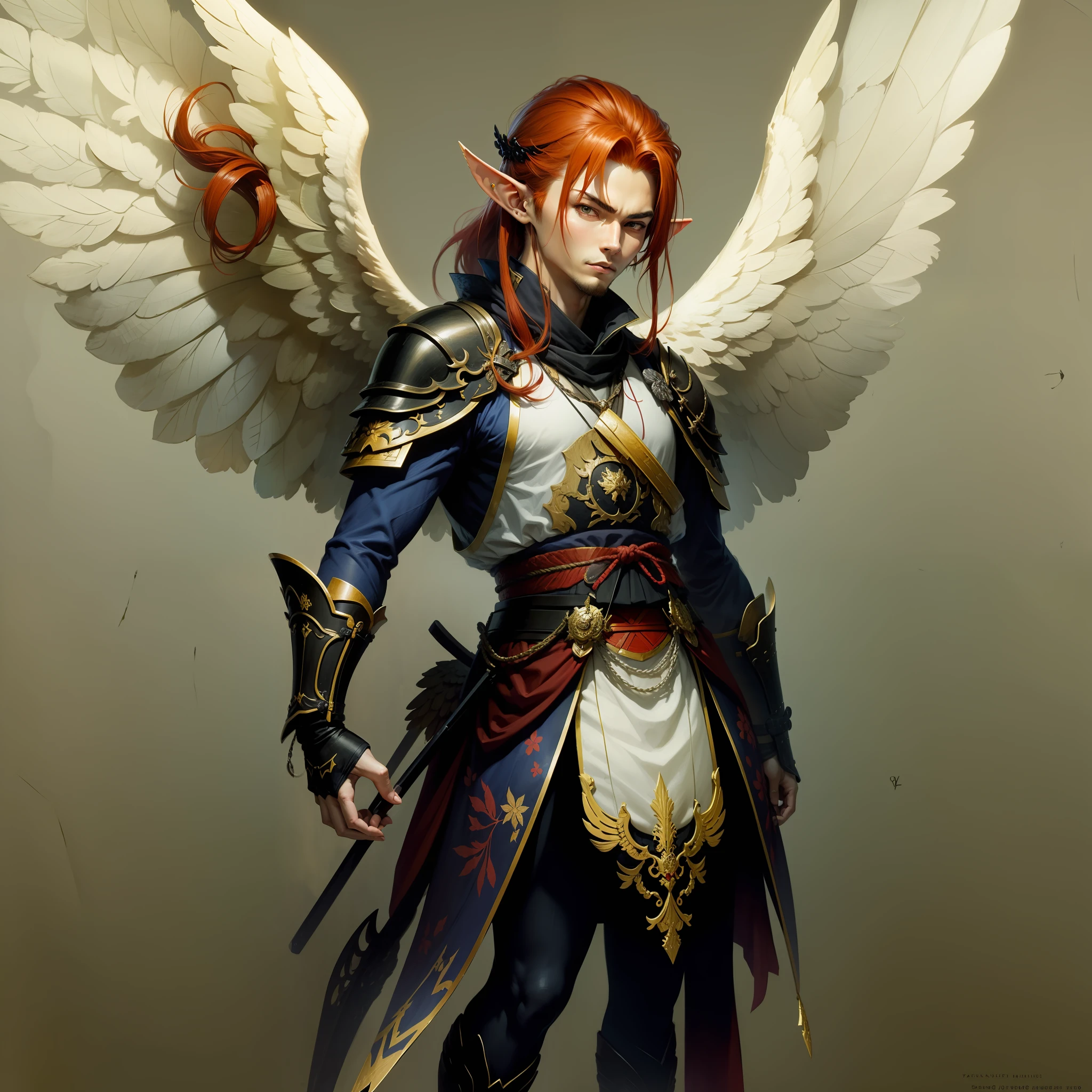 Samurai angel with small pointed ears, red hair and wings, male, full body, high quality