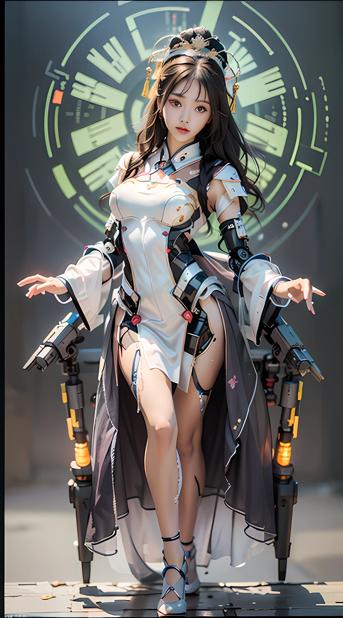 A girl looking at the audience, brunette hair, chinese girl, headdress, chinese hair ornament, (hanfu: 1.5), mecha, robotic arm, (magic: 1), front, magic element, (full body: 1.5), simple background, bright background, futuristic, first-person view, pov, panorama, ultra hd, masterpiece, accurate, anatomically correct, textured skin, high detail, best quality, high resolution, 8k, perfect face proportions, upright body, beautiful eyes, perfect face, detailed face, elegant, simple background,