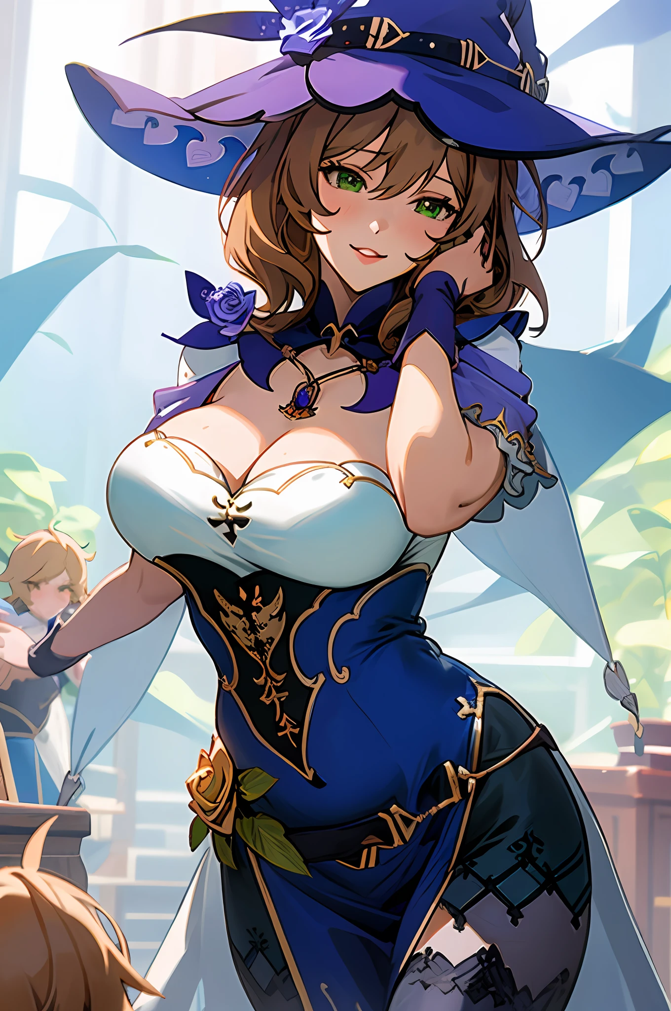 anime image of two women dressed witch posing for a picture like witch clothing in library, witch hat, green eyes, vision (genshin impact), thighhighs, flower, cleavage, brown hair, black thighhighs, rose, large breasts, purple rose, hat flower, multicolored dress, a girl in witch field, anime fantasy illustration, from the azur lane videogame, genshin, witch dress detailed art, two beautiful anime girls, mother and child, symbol of maternal love, happy, mother and child, such as photos of mother and child