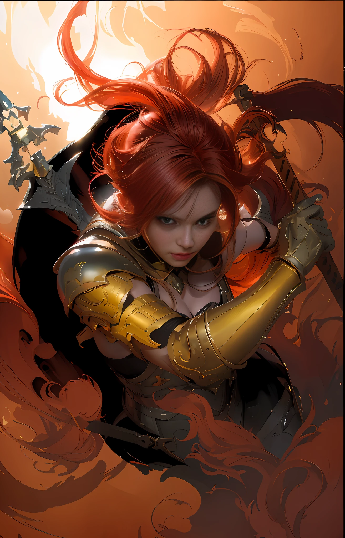There is a red-haired woman holding a sword in her hand, Artgerm and Ruan Jia, extremely detailed ArtGerm, graphic artist Magali Villeneuve, by Yang J, by Ruan Jia and Stanley ArtGerm, Artgerm Julie Bell Beeple, Artgerm on ArtStation Pixiv, Artgerm detailed, crazy details