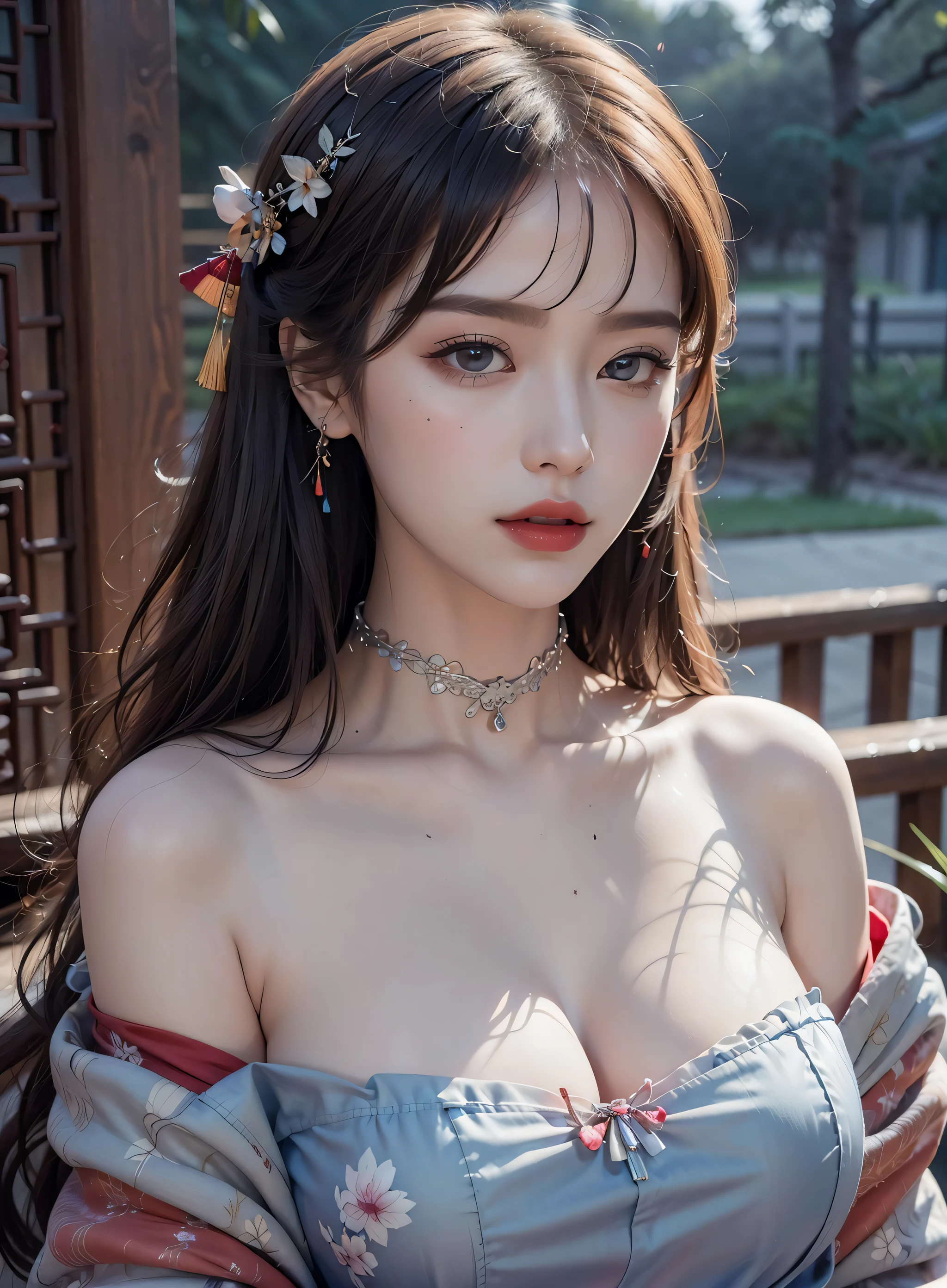 best quality, masterpiece, ultra high res, (photorealistic:1.4), 1girl, off-shoulder shirt, ((traditional chinese dress:1)), black choker, (faded ash gray hair:1), (huge breasts:1.2), looking at viewer, closeup,