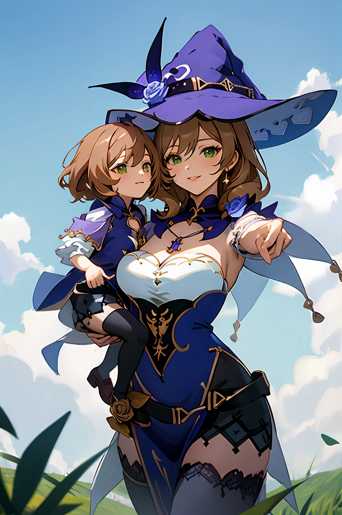 anime image of two women dressed witch posing for a picture like witch clothing in library, witch hat, green eyes, vision (genshin impact), thighhighs, flower, cleavage, brown hair, black thighhighs, rose, large breasts, purple rose, hat flower, multicolored dress, a girl in witch field, anime fantasy illustration, from the azur lane videogame, genshin, witch dress detailed art, two beautiful anime girls, mother and child, symbol of maternal love, happy, mother and child, such as photos of mother and child