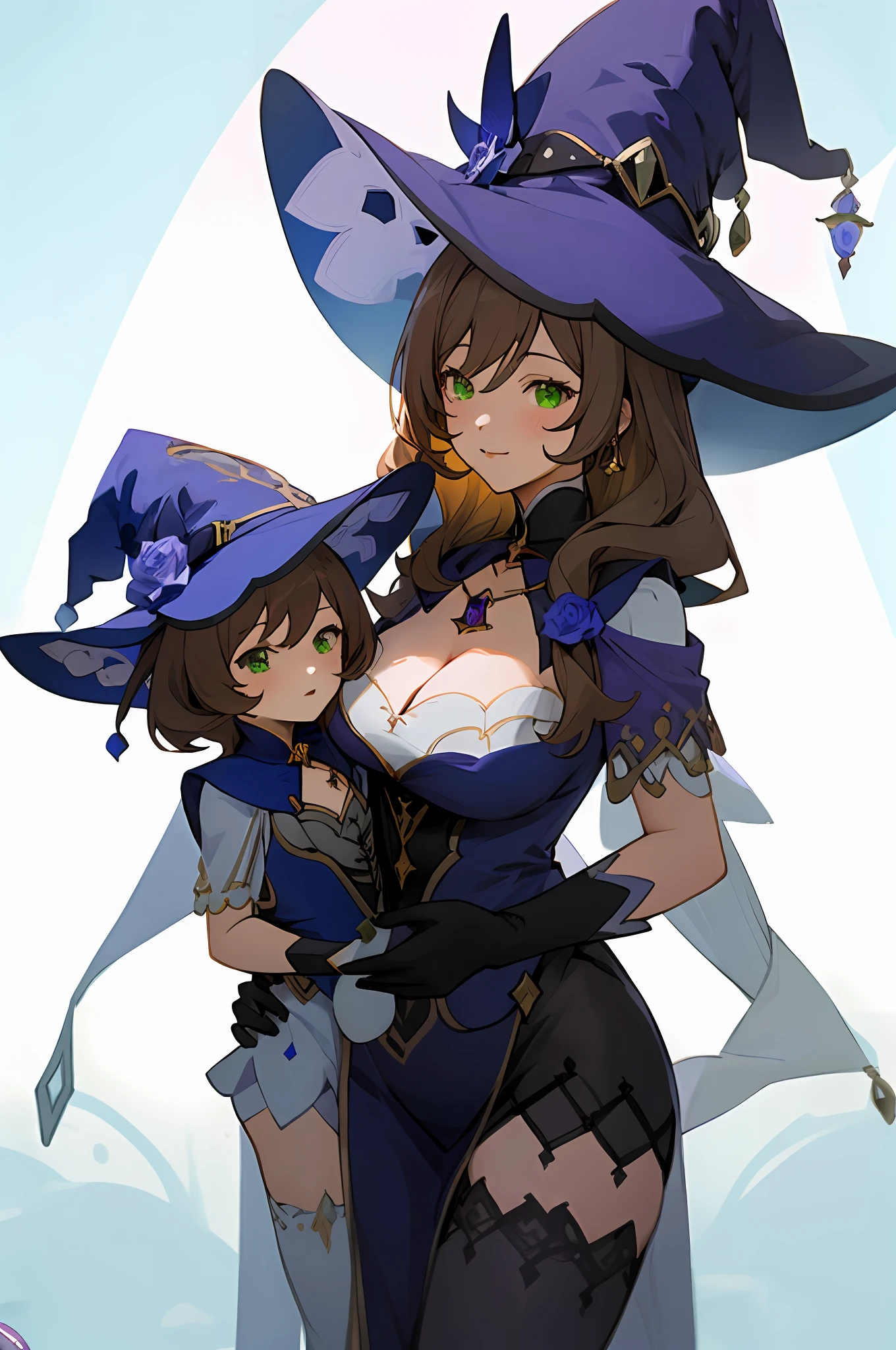 anime image of two women dressed witch posing for a picture like witch clothing in library, witch hat, green eyes, vision (genshin impact), thighhighs, flower, cleavage, brown hair, black thighhighs, rose, large breasts, purple rose, hat flower, multicolored dress, a girl in witch field, anime fantasy illustration, from the azur lane videogame, genshin, witch dress detailed art, two beautiful anime girls, mother and child, symbol of maternal love, happy, mother and child, such as photos of mother and child