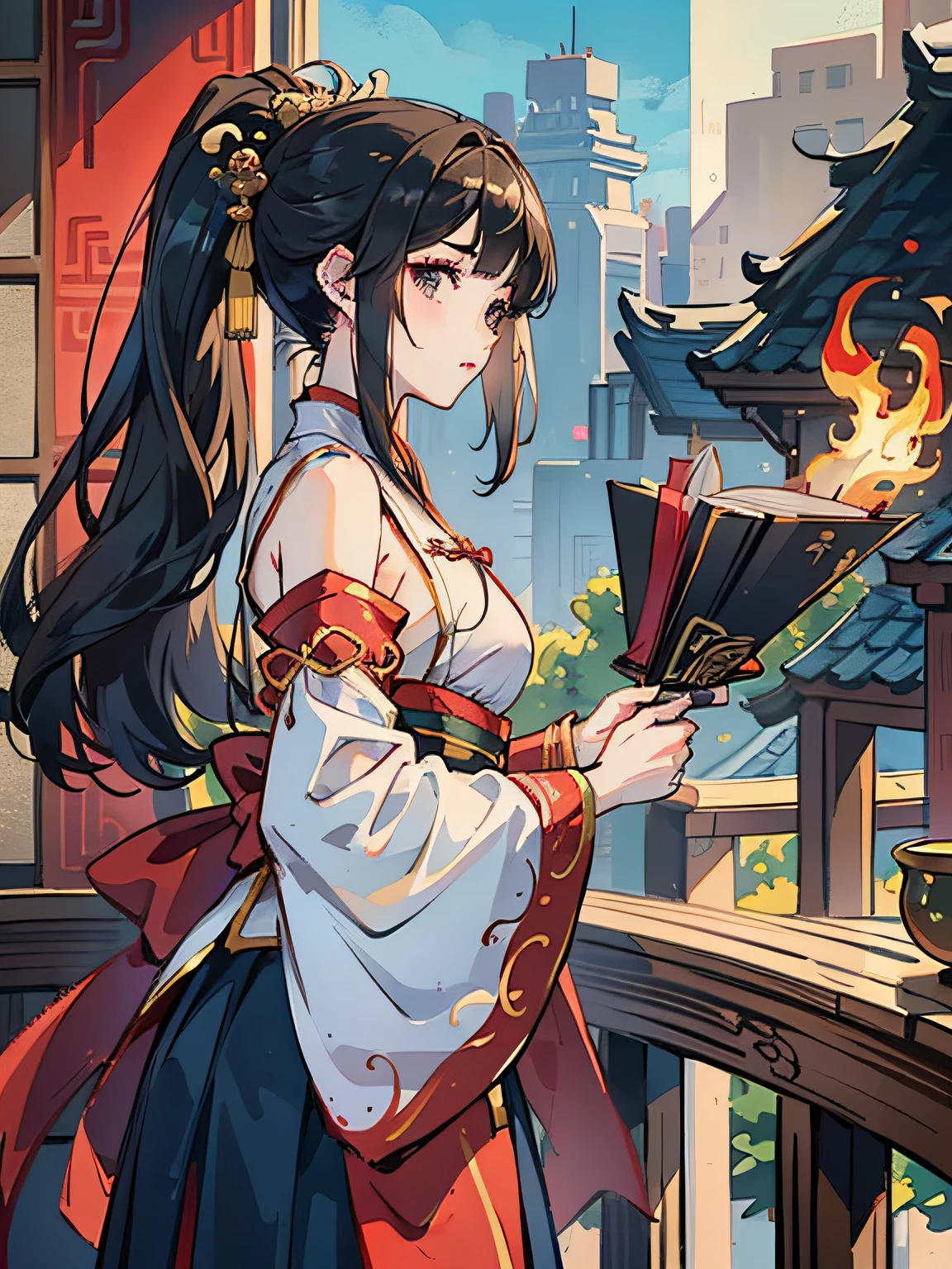 (Masterpiece, best quality, very detailed CG, complex details: 1.2),simple_background,fire,1girl,solo,looking at viewer, chinese clothes,hanfu,long hair,detached_sleeves,wide_sleeves,ponytail,hair ornament, skirt,sword,standing,(from side:1.4), hanfu tang,loong,. --auto --s2