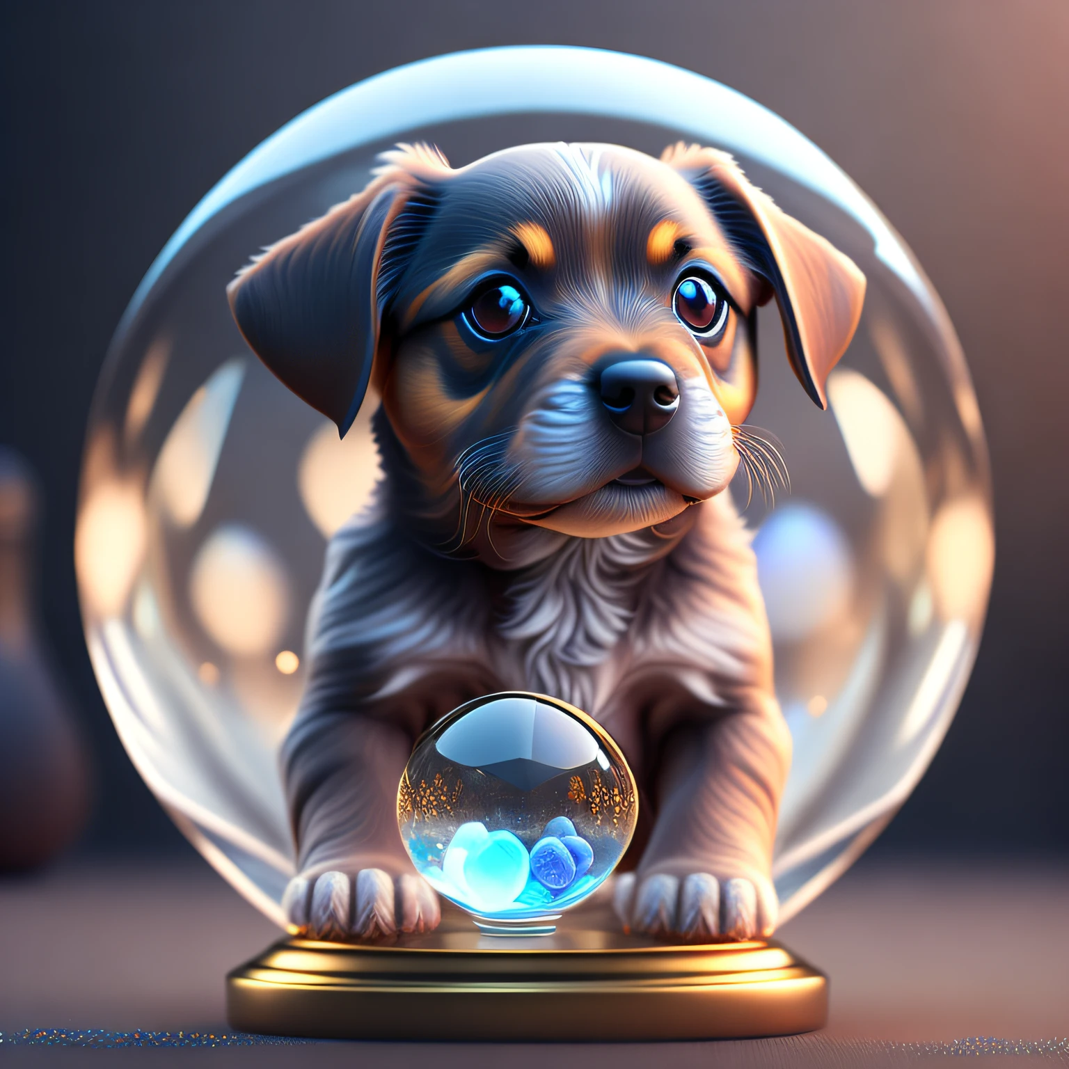 "A cute puppy made of a crystal ball with highly detailed low-poly eyes showcasing conceptual art trends with ArtStation 8K quality."
