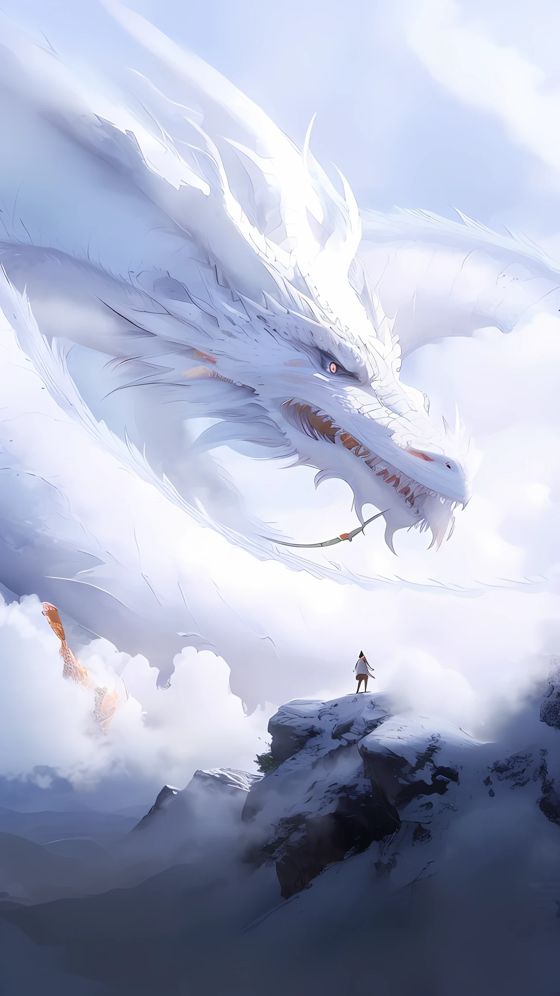 there is a large white dragon flying over a mountain with people, a dragon made of clouds, god of dragons, dragon art, dragon in the background, chinese fantasy, flying dragon, chinese dragon concept art, dragon in the sky, giant dragon flying in the sky, dragon flying in the sky, man with the soul of a dragon, amazing wallpaper